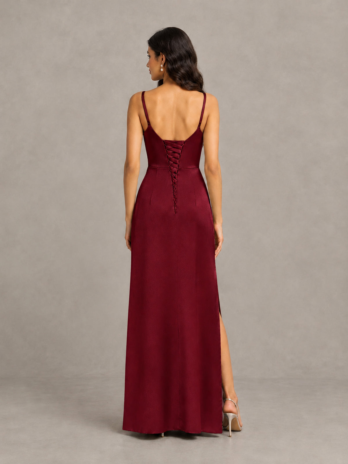 BOLODOO Burgundy Cowl Neck Satin Bridesmaid Dress with Slit - Burgundy - Burgundy (2)