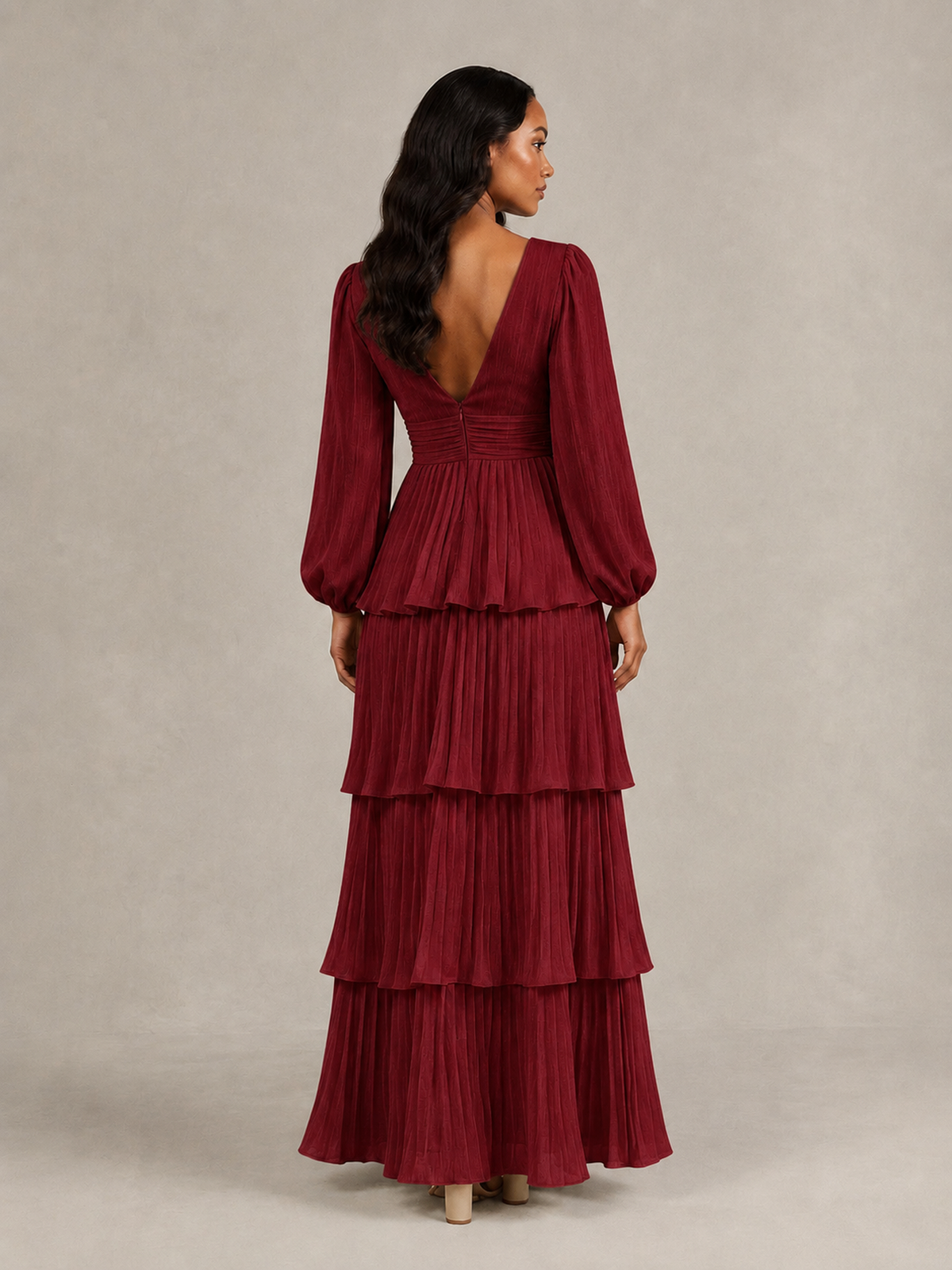 BOLODOO Burgundy Long-Sleeve Tiered Maxi Dress with Deep V-Neck - Burgundy