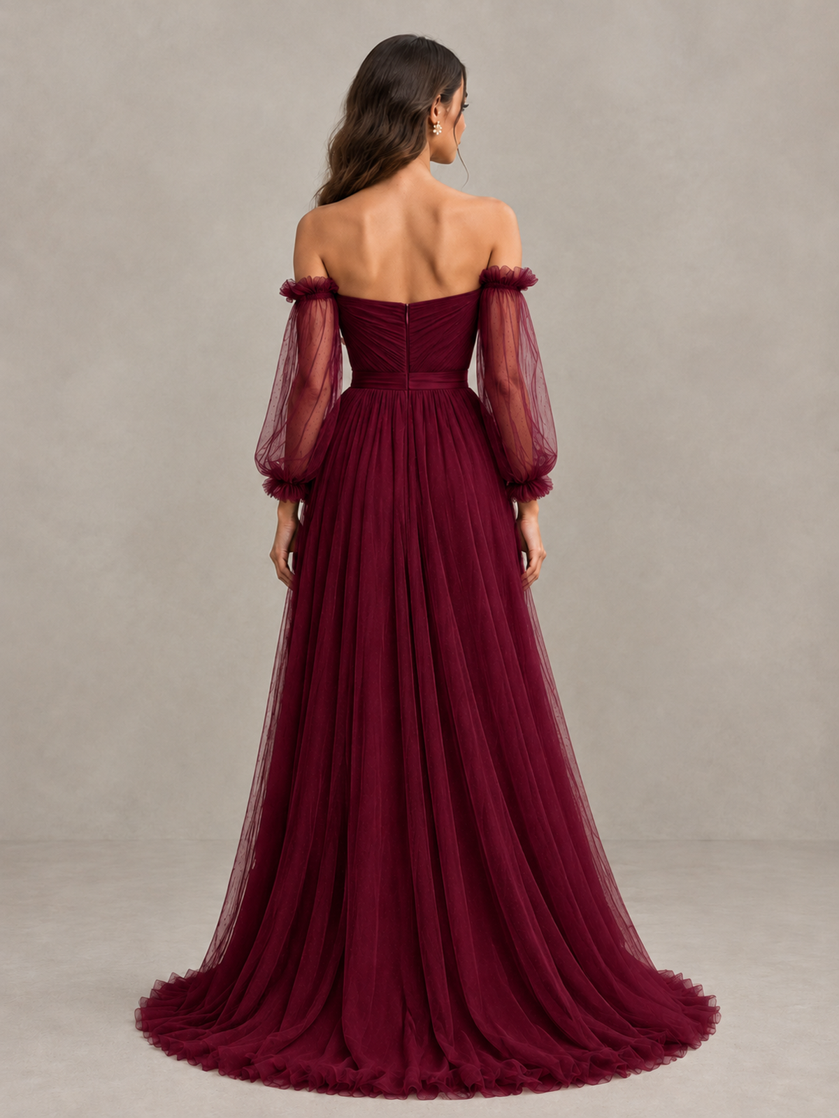 BOLODOO Burgundy Off-the-Shoulder Long Sleeve A-Line Bridesmaid Dress - Burgundy - Burgundy (2)