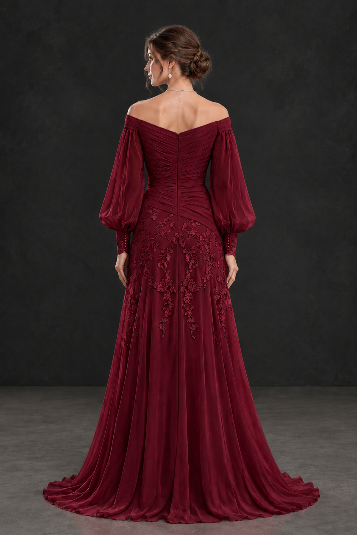 BOLODOO Burgundy Long Sleeve Mother of the Bride Dress with Floral Appliqués - Burgundy - Burgundy (2)