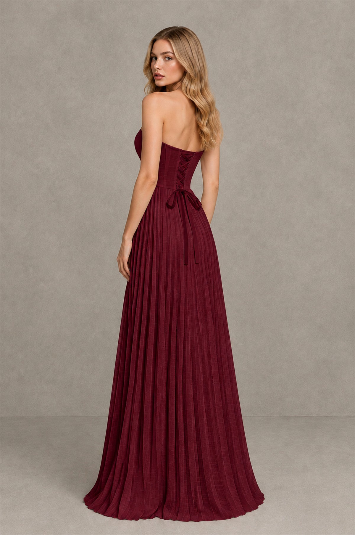 BOLODOO Burgundy Strapless Sunburst Pleated Twisted Knot Lace-Up Back Accordion Pleated Chiffon Maxi Dress - Burgundy