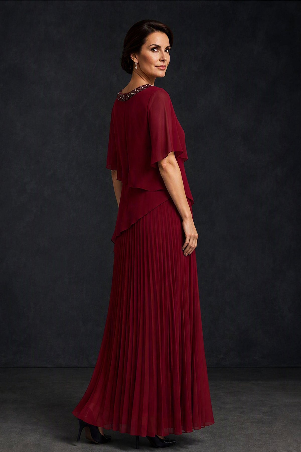 BOLODOO Burgundy Pearl Beaded Neck Asymmetric Tiered Flutter Sleeve Pleated Chiffon Maxi Dress - Burgundy
