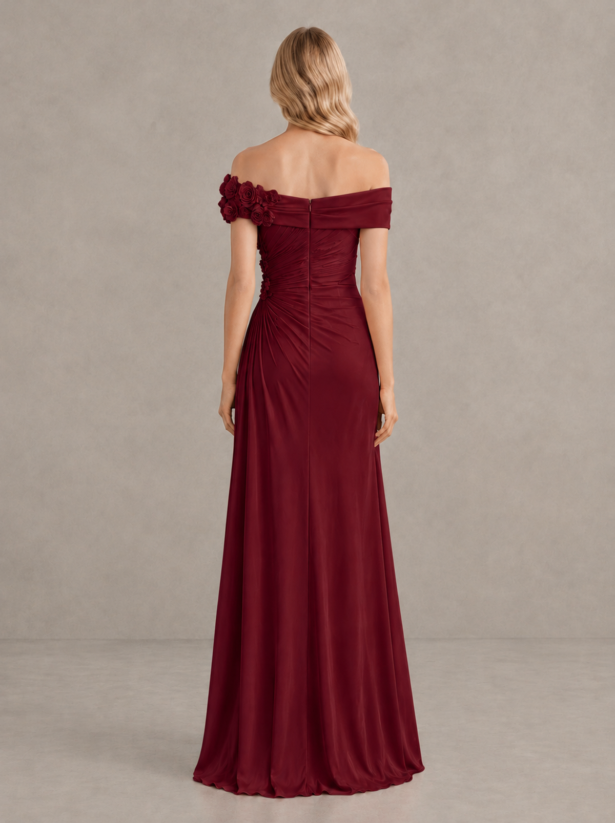 BOLODOO Burgundy Off-Shoulder Floral Applique Wedding Guest Maxi Dress - Burgundy - Burgundy (2)