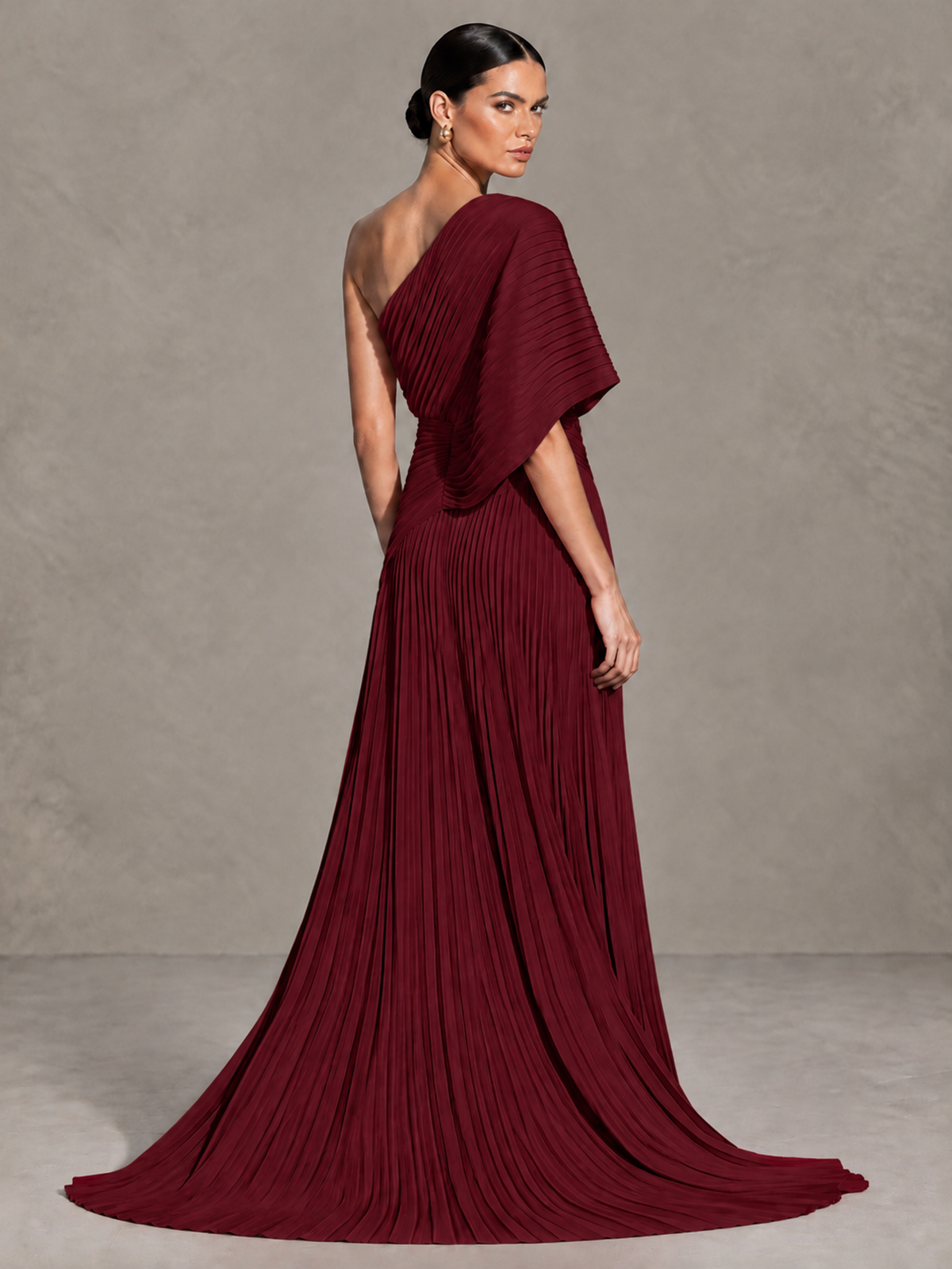 BOLODOO Burgundy One-Shoulder Pleated Cape Evening Gown with Train - Burgundy - Burgundy (2)