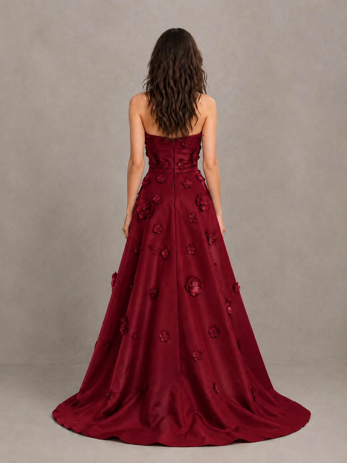 BOLODOO Burgundy Strapless 3D Floral Applique Prom Gown with Draped Skirt - Burgundy - Burgundy (2)