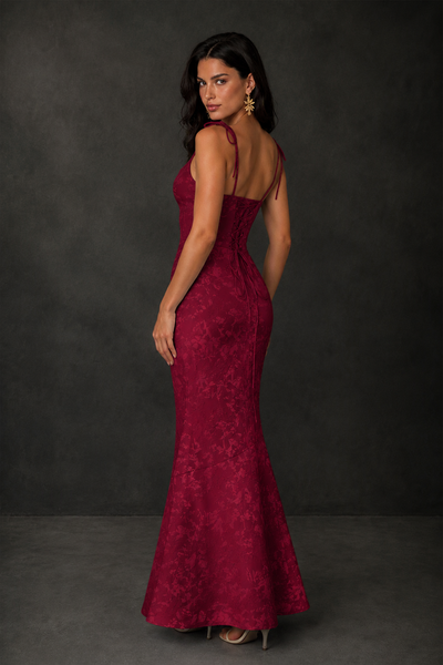 BOLODOO Burgundy Scoop Neck Tie Strap Lace-Up Back Floral Jacquard Mermaid Maxi Dress - Burgundy