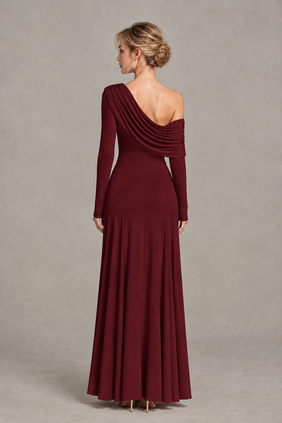 BOLODOO Burgundy Asymmetric Draped Long Sleeve Evening Gown - Burgundy