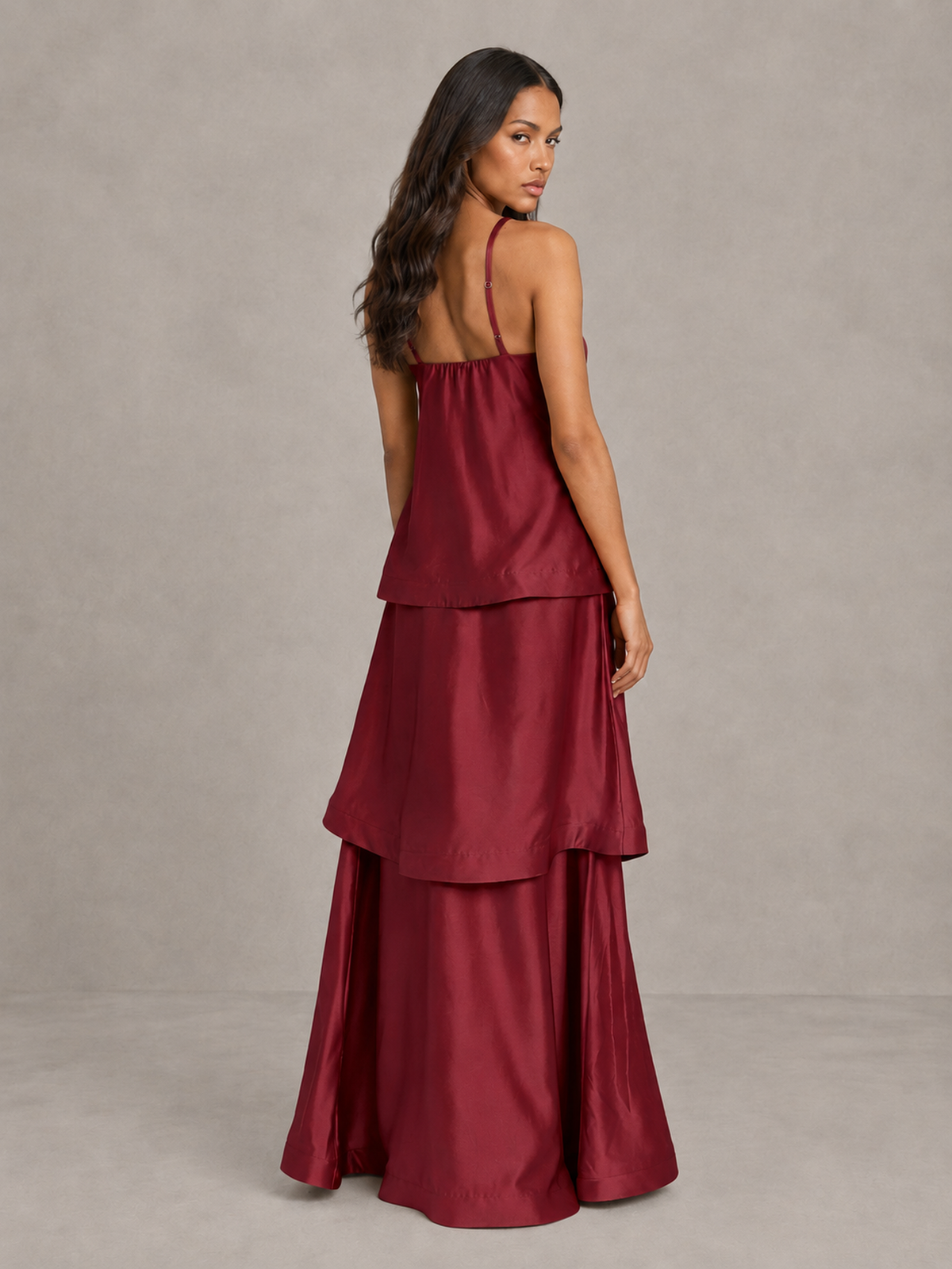 BOLODOO Burgundy Satin Tiered Maxi Dress with Spaghetti Straps - Burgundy