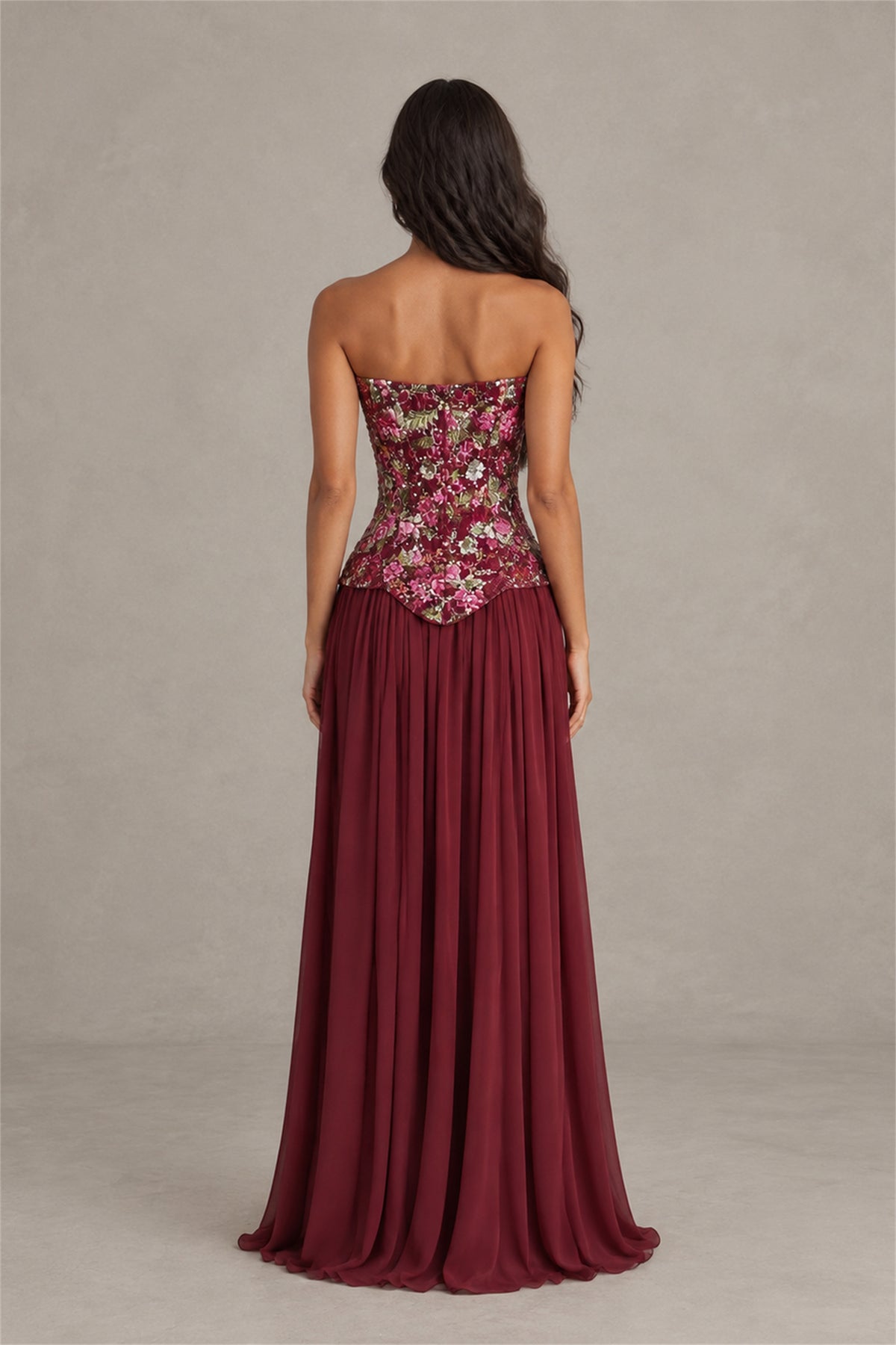 BOLODOO Burgundy Strapless Floral Beaded Chiffon Maxi Dress - Burgundy