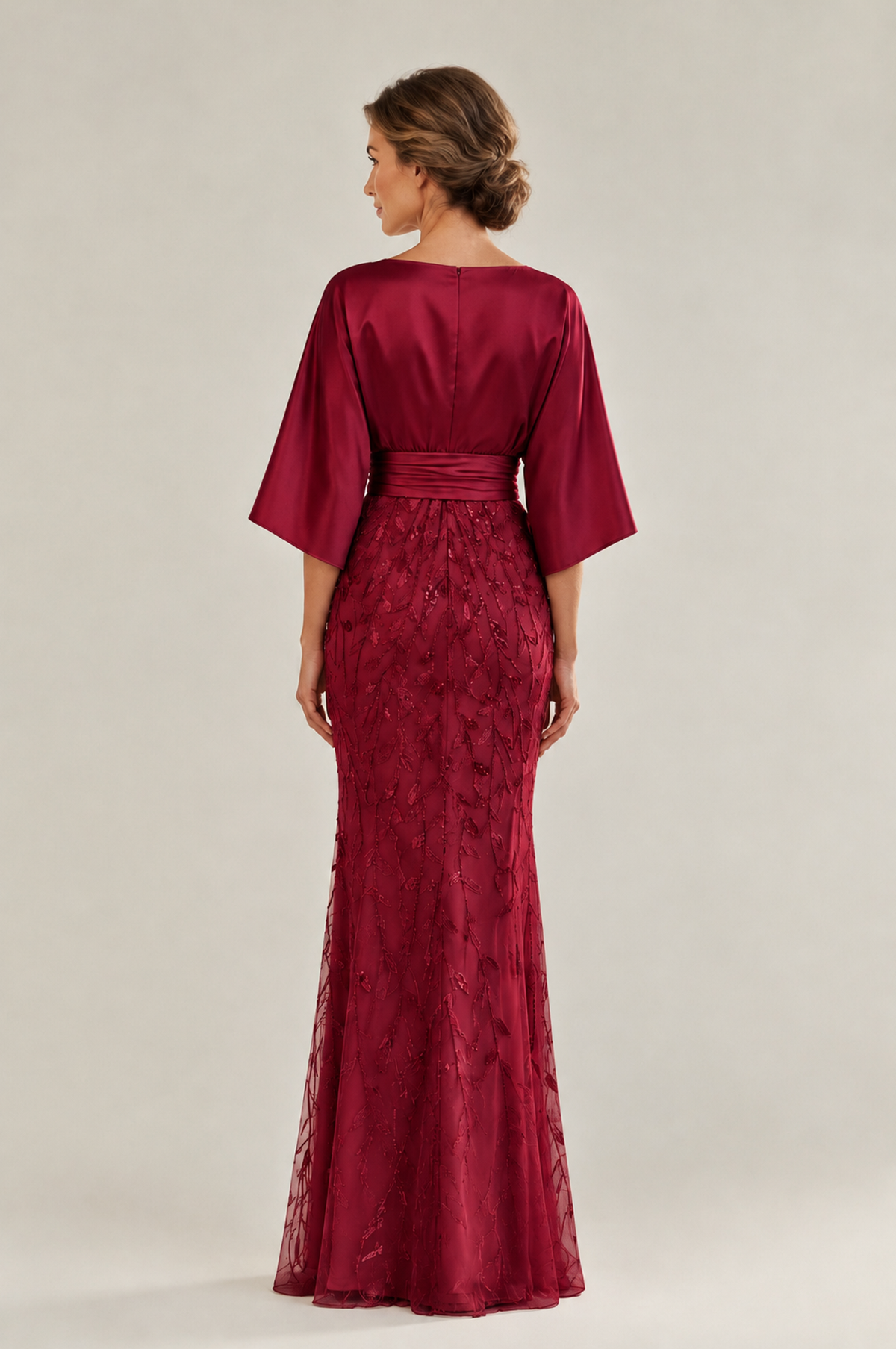 BOLODOO Burgundy Mother of the Bride Dress with Kimono Sleeves, Satin Bodice & Sequin Embroidered Mermaid Floor-Length Gown - Burgundy - Burgundy (2)