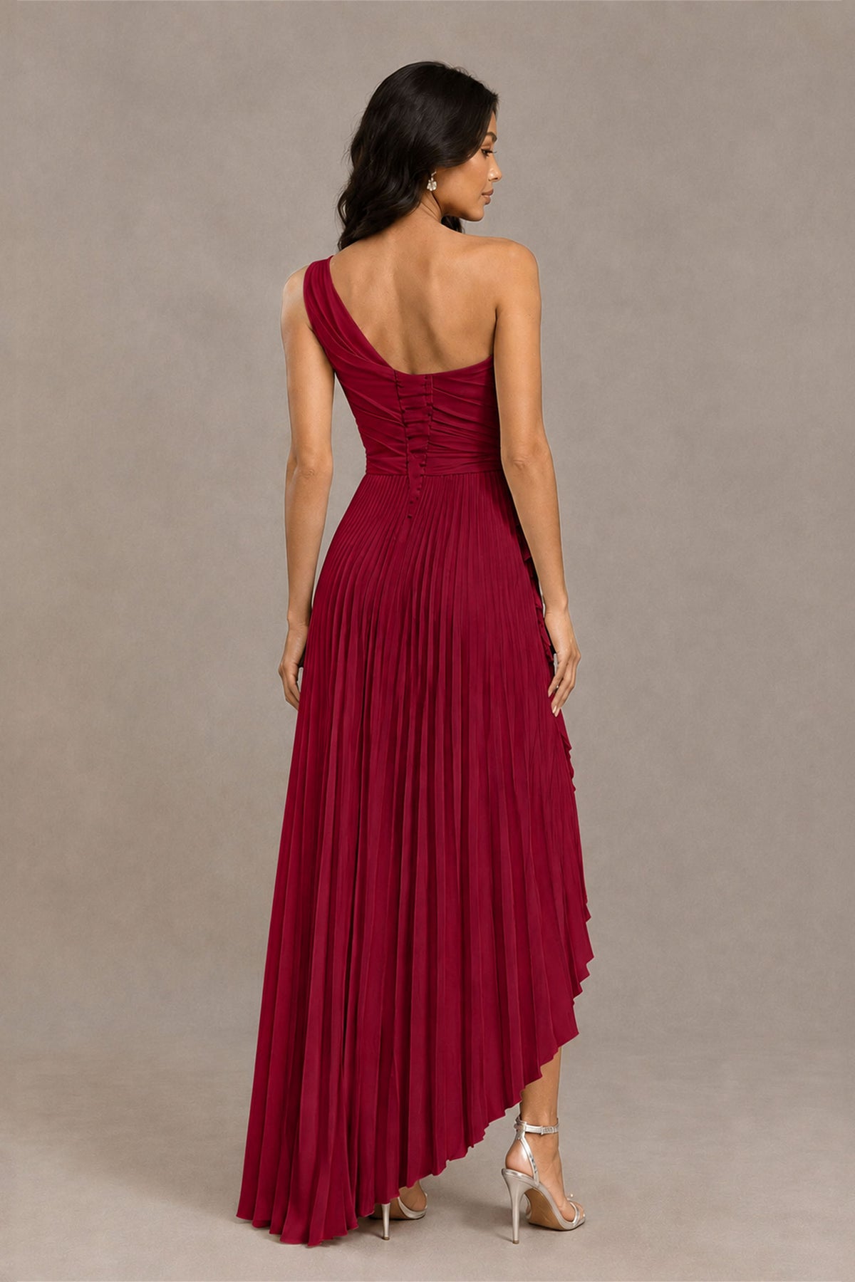 BOLODOO Burgundy One-Shoulder High-Low Ruffle Maxi Dress - Burgundy