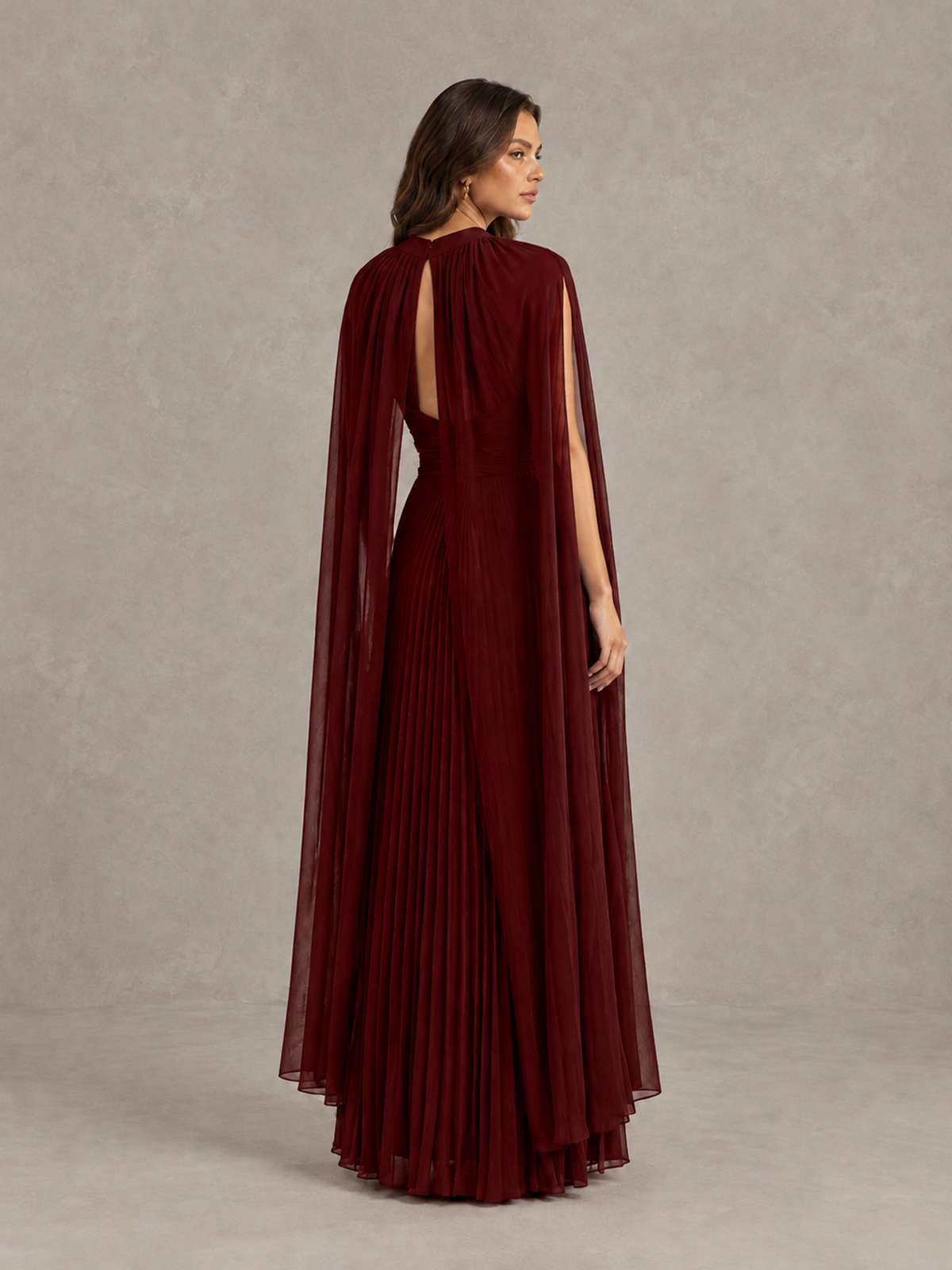 BOLODOO Burgundy Pleated Cape Maxi Wedding Guest Dress - Burgundy - Burgundy (2)