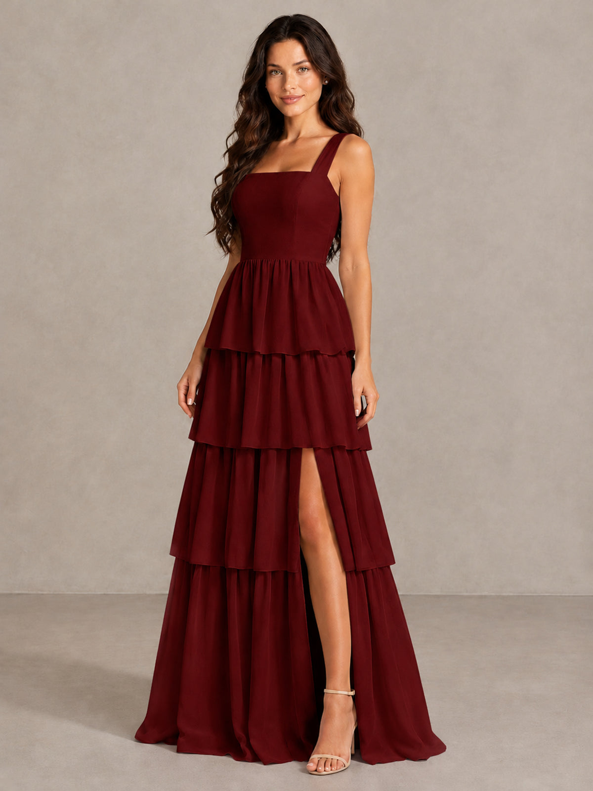 BOLODOO Burgundy Square Neck Tiered Bridesmaid Dress with Slit - Burgundy - Burgundy (3)