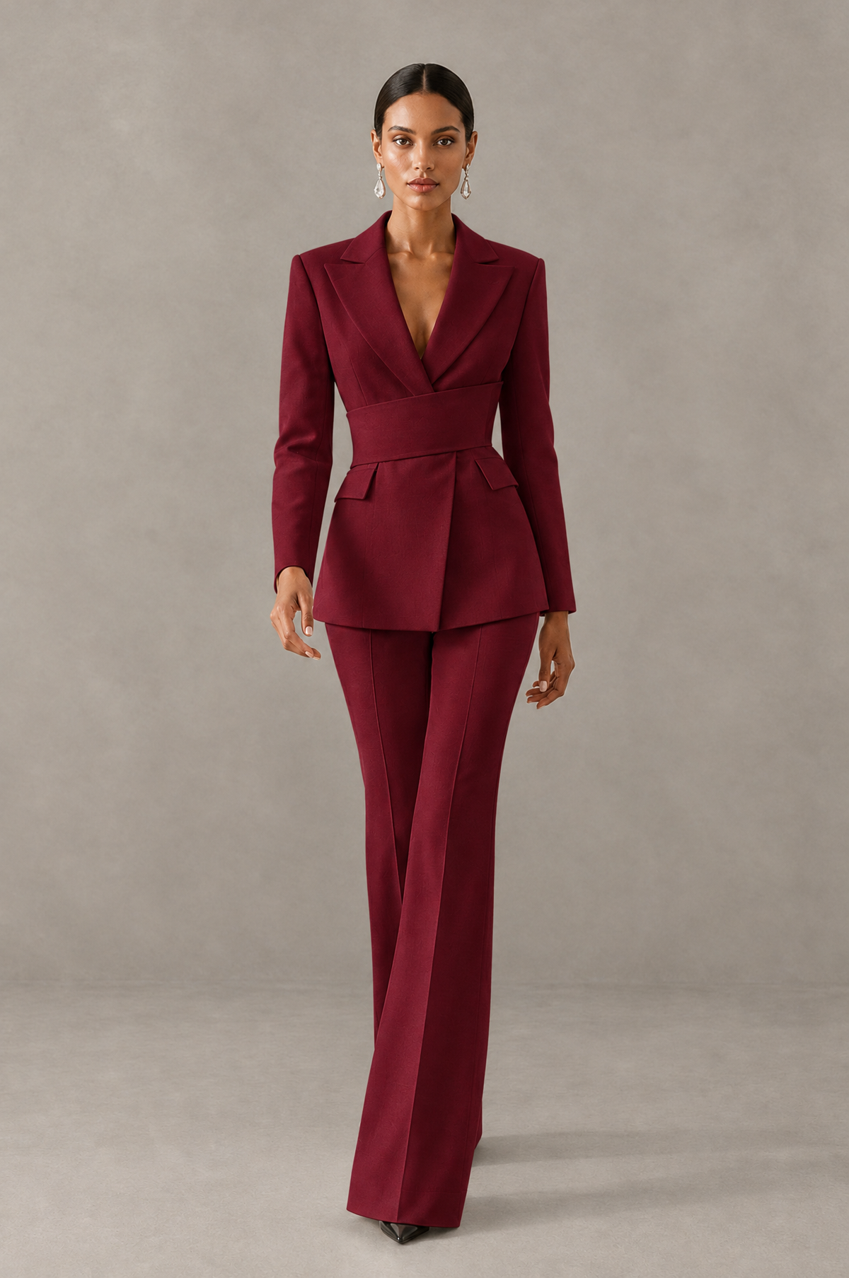 BOLODOO Burgundy Two-Piece Pantsuit with Tailored Blazer & Flared Pants - Burgundy - Burgundy (3)