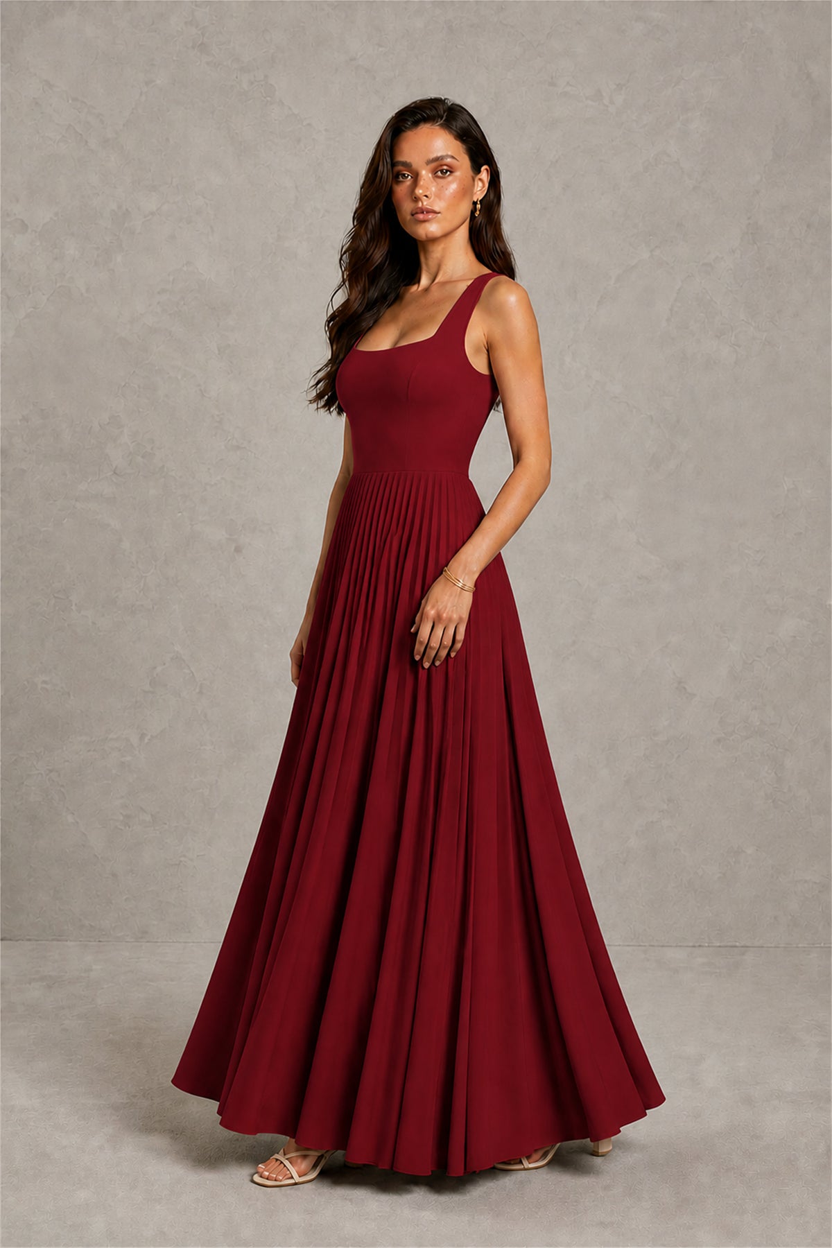 BOLODOO Burgundy Square Neck Wide Strap Lace-Up Back Pleated A-Line Chiffon Maxi Dress - Burgundy