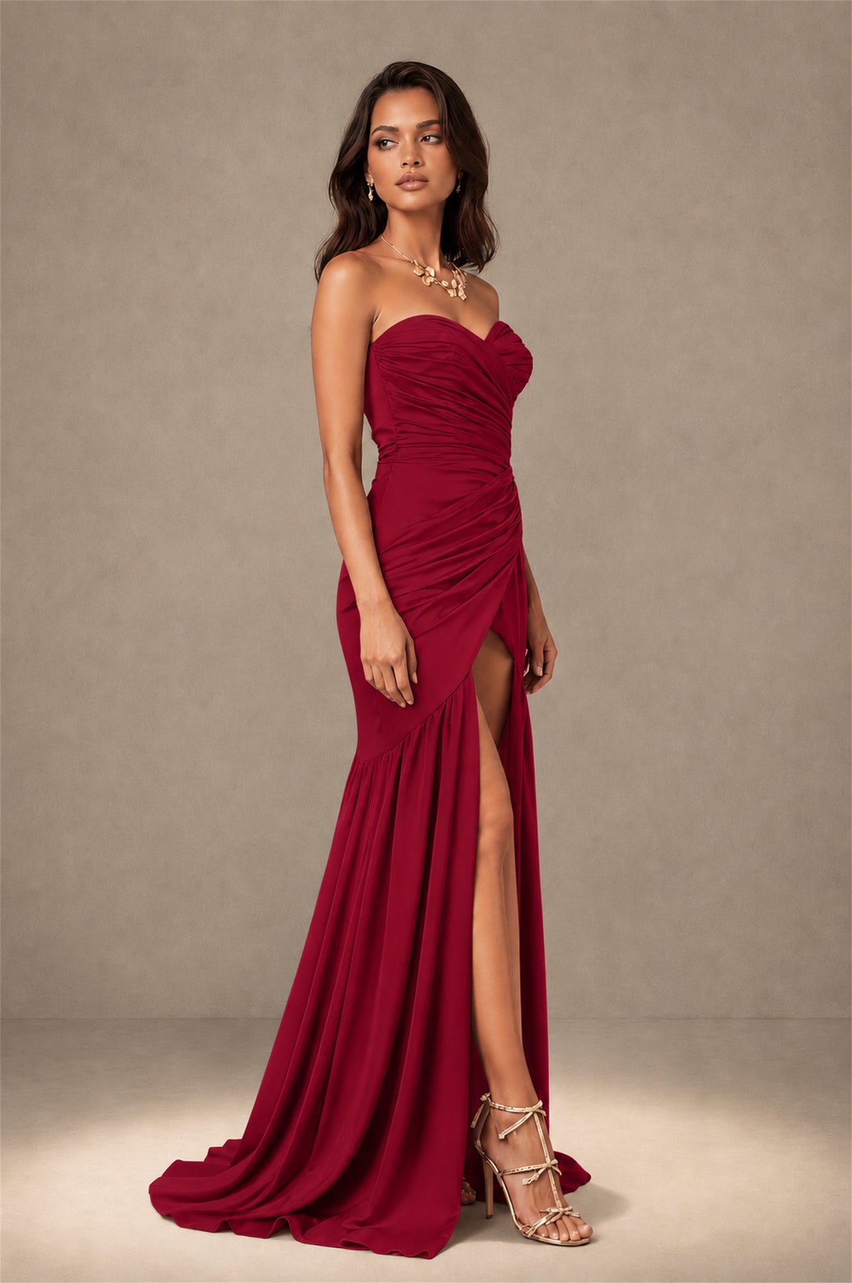 BOLODOO Burgundy Brown Stretch Satin Sweetheart Strapless Ruched Open Back High Slit Mermaid Maxi Dress - Burgundy