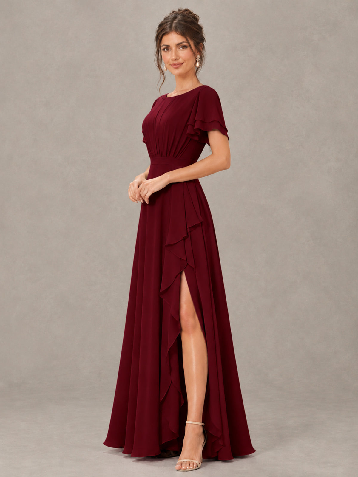 BOLODOO Burgundy Flutter Sleeve Ruffle Bridesmaid Dress with Slit - Burgundy - Burgundy (3)
