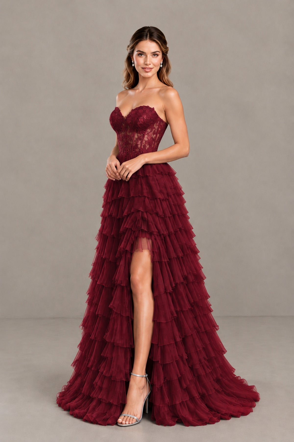 BOLODOO Burgundy Strapless Lace Corset Tiered Ruffle Prom Dress with Slit - Burgundy - Burgundy (3)