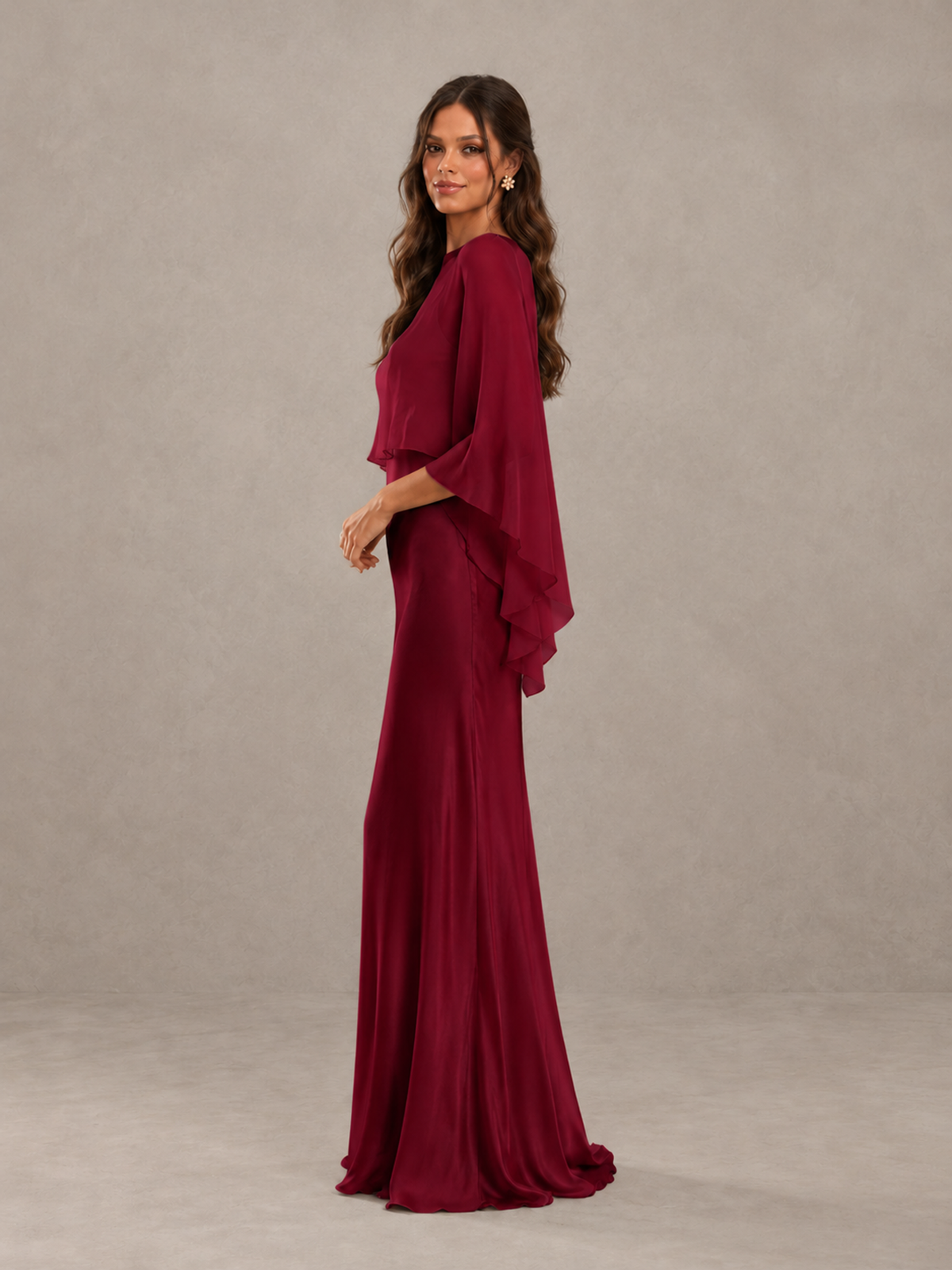 BOLODOO Burgundy Satin Mermaid Bridesmaid Dress with Chiffon Cape - Burgundy - Burgundy (3)