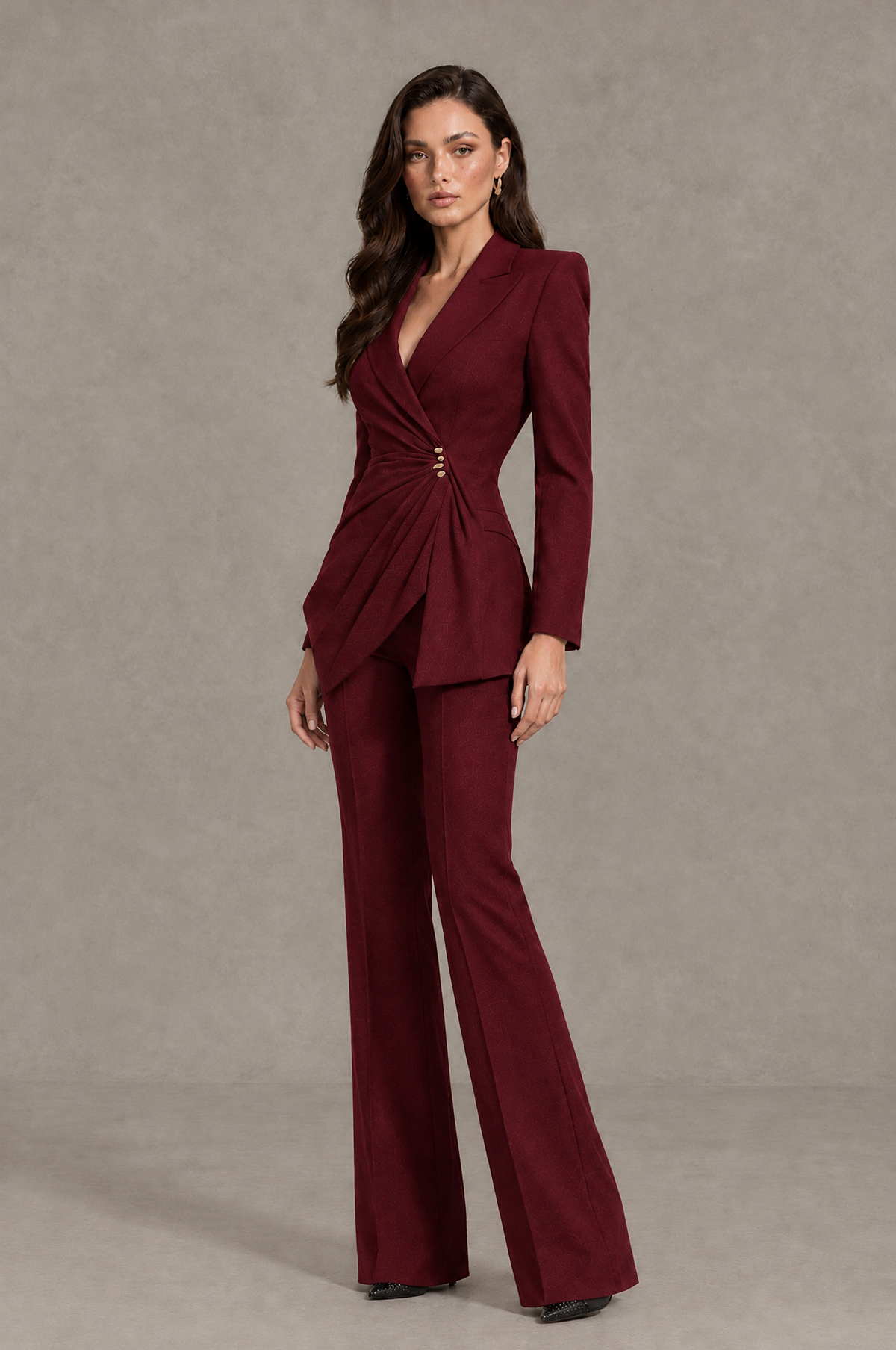 BOLODOO Burgundy Long Sleeve Wrap Blazer Pantsuit with Wide-Leg Trousers - Burgundy - Burgundy (3)