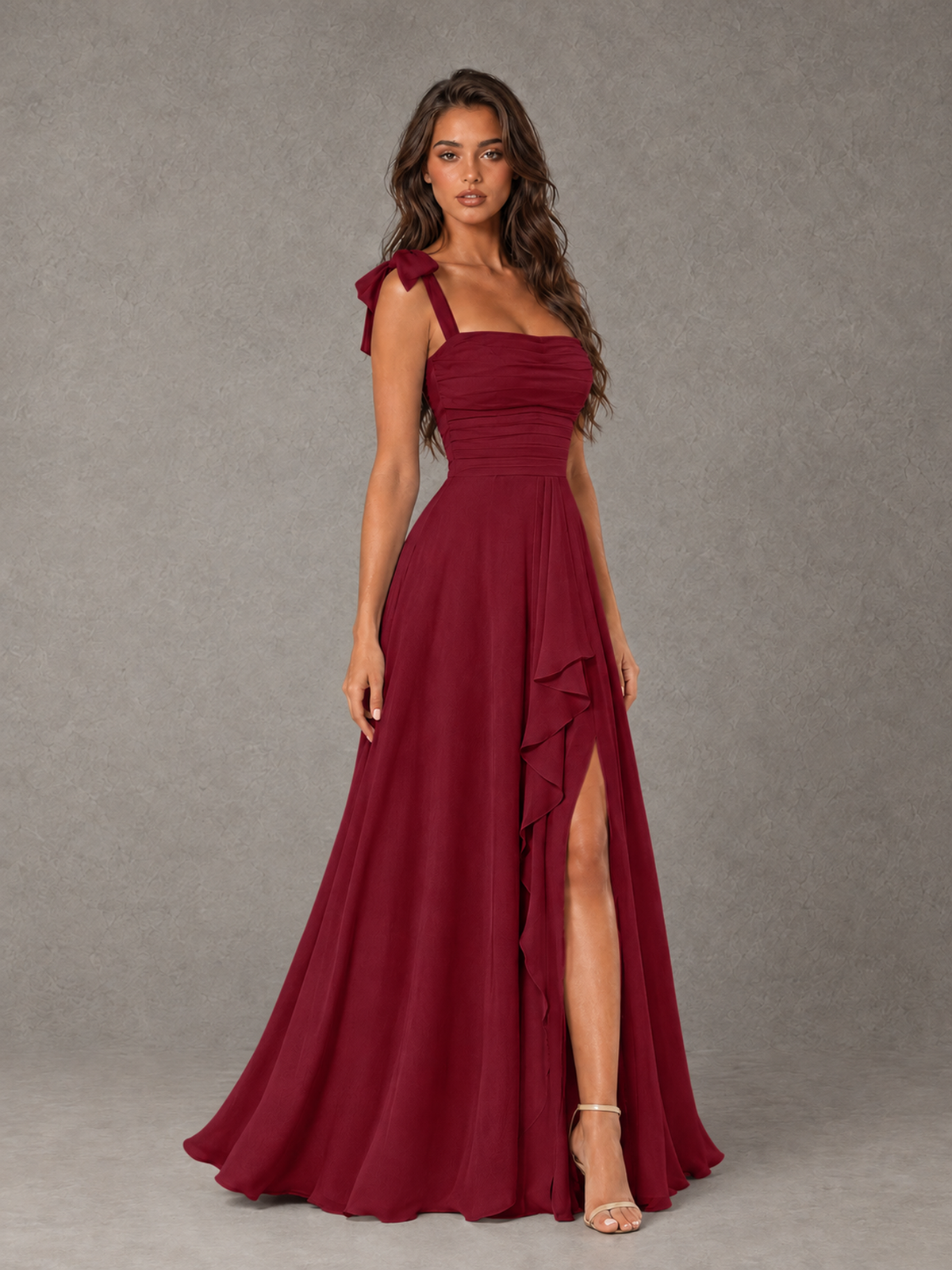 BOLODOO Burgundy Bow-Strap Bridesmaid Dress with Ruffle Slit - Burgundy - Burgundy (3)