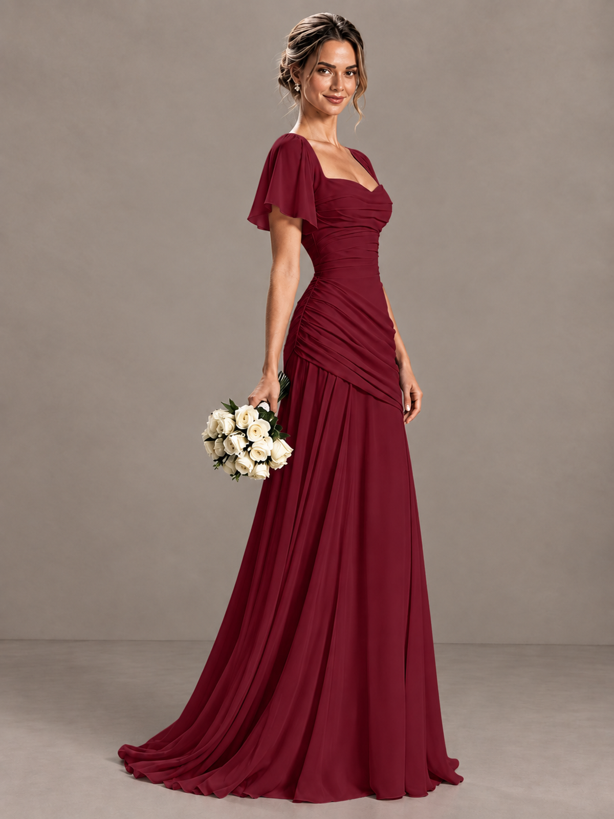 BOLODOO Burgundy Flutter Sleeve Lace-Up Back Maxi Dress - Burgundy
