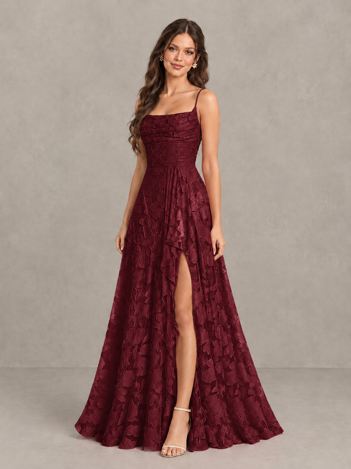 BOLODOO Burgundy Floral Appliqué Slit Maxi Dress - Burgundy - Burgundy (3)