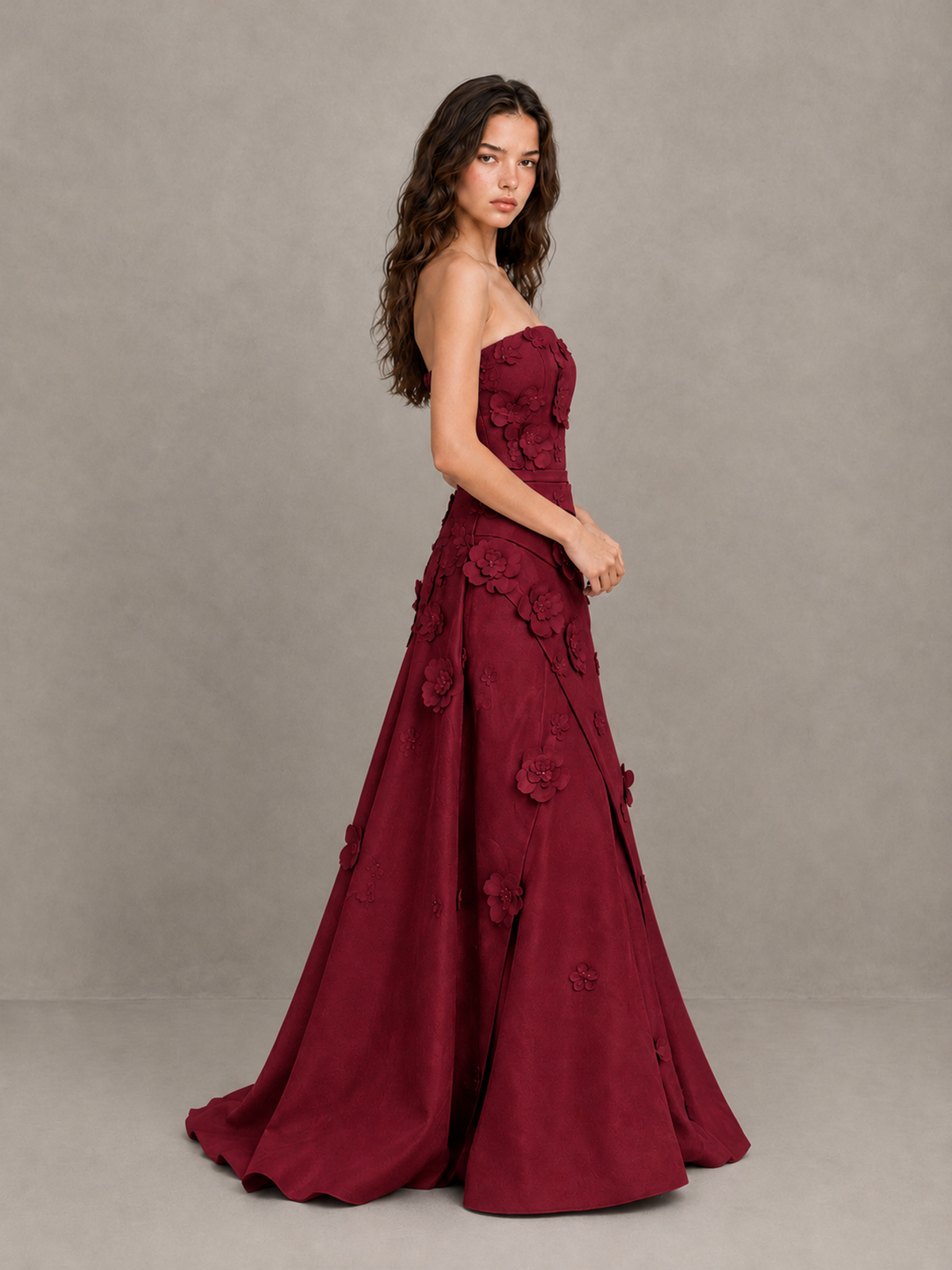 BOLODOO Burgundy Strapless 3D Floral Applique Prom Gown with Draped Skirt - Burgundy - Burgundy (3)