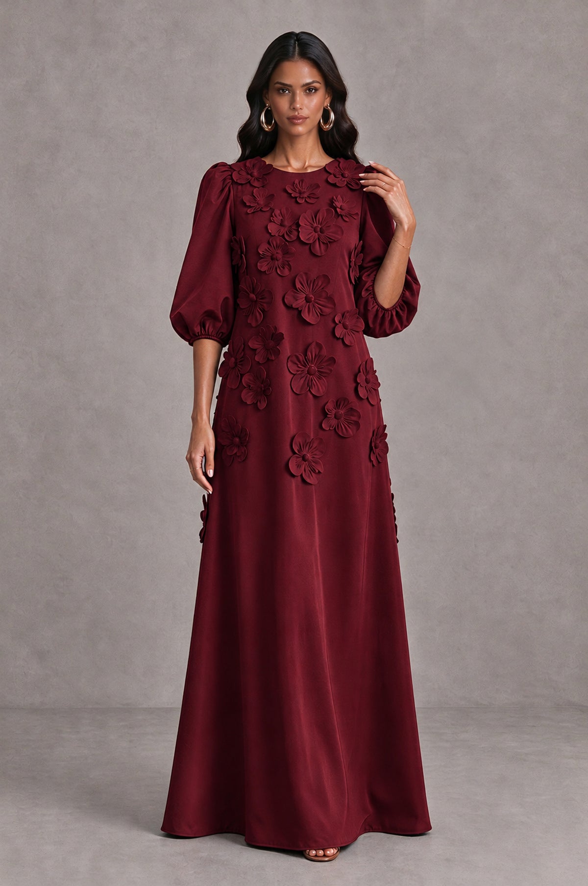 BOLODOO Burgundy Floral Applique Puff Sleeve A-Line Evening Dress - Burgundy - Burgundy (3)