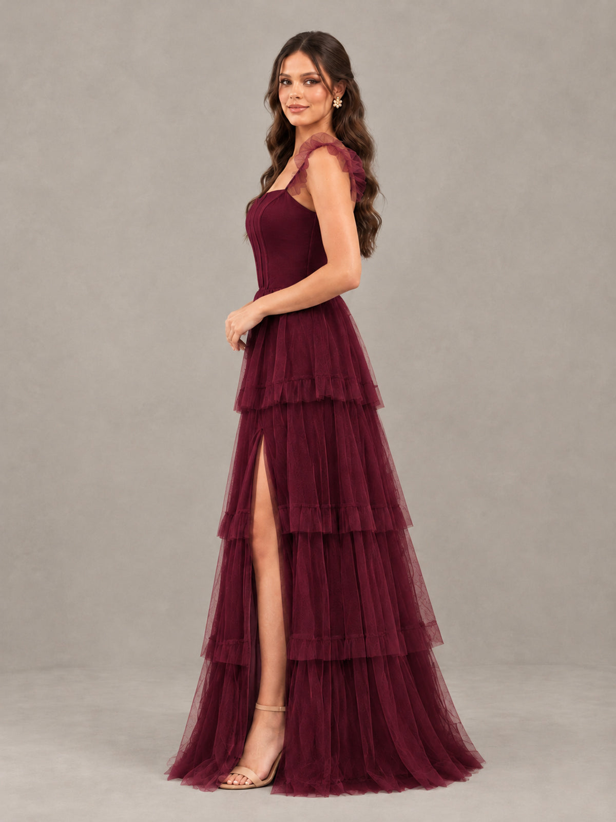 BOLODOO Burgundy Tiered Tulle Bridesmaid Dress with Slit - Burgundy - Burgundy (3)