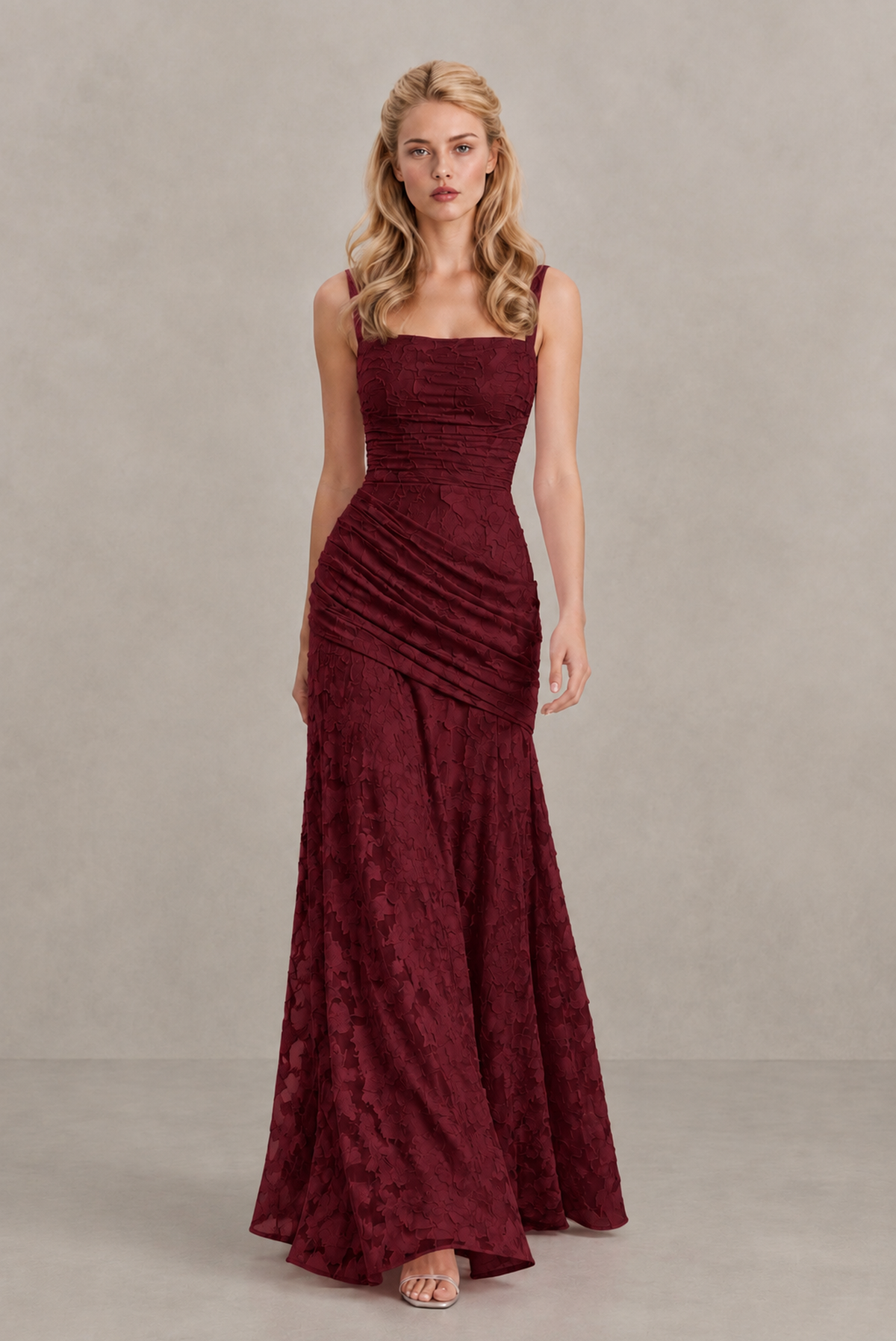 BOLODOO Burgundy Ruched Floral Maxi Dress with Lace-Up Back - Burgundy
