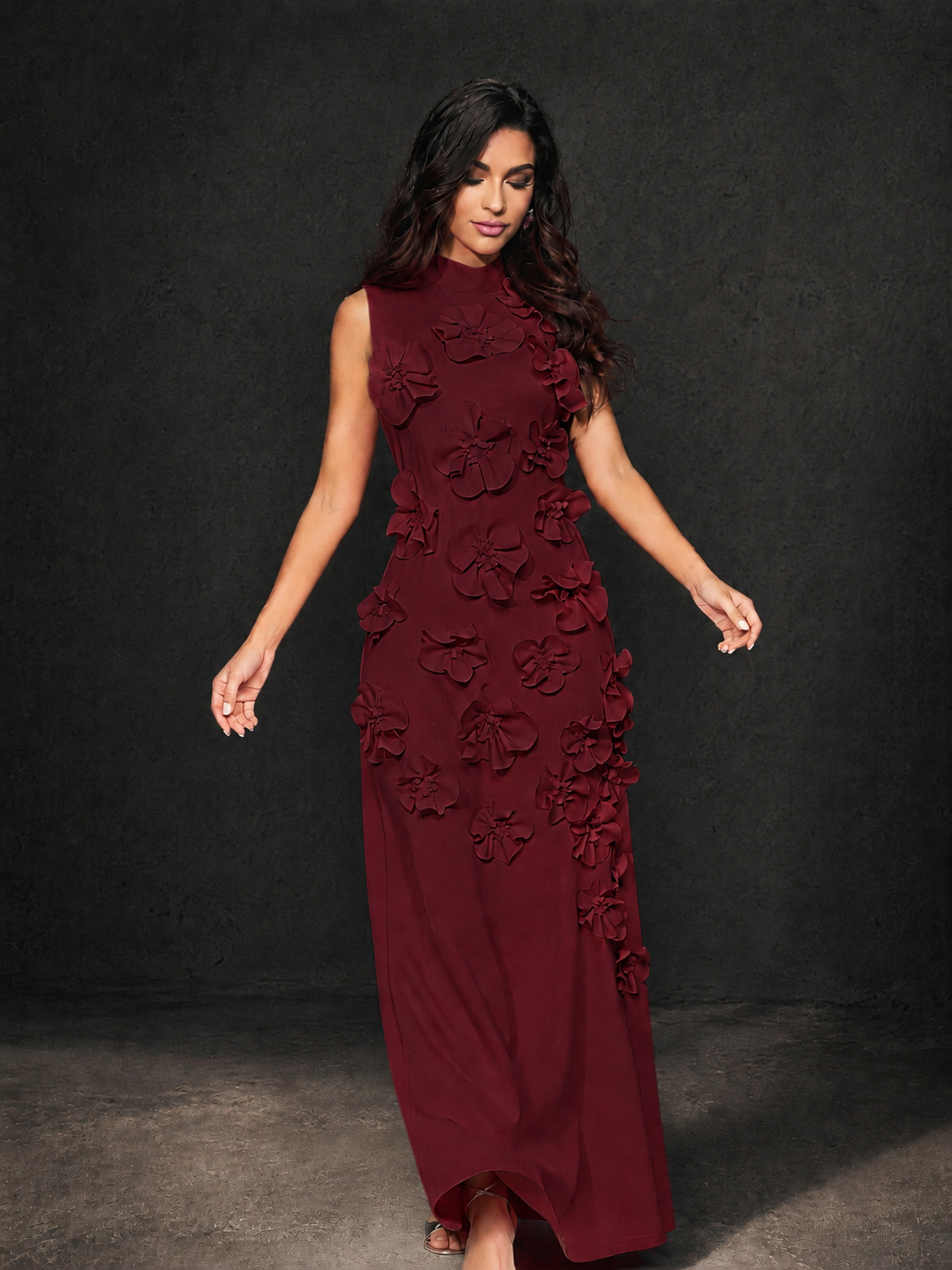 BOLODOO Burgundy Mock Neck Sleeveless 3D Floral Appliqué Maxi Dress with Bow Back - Burgundy