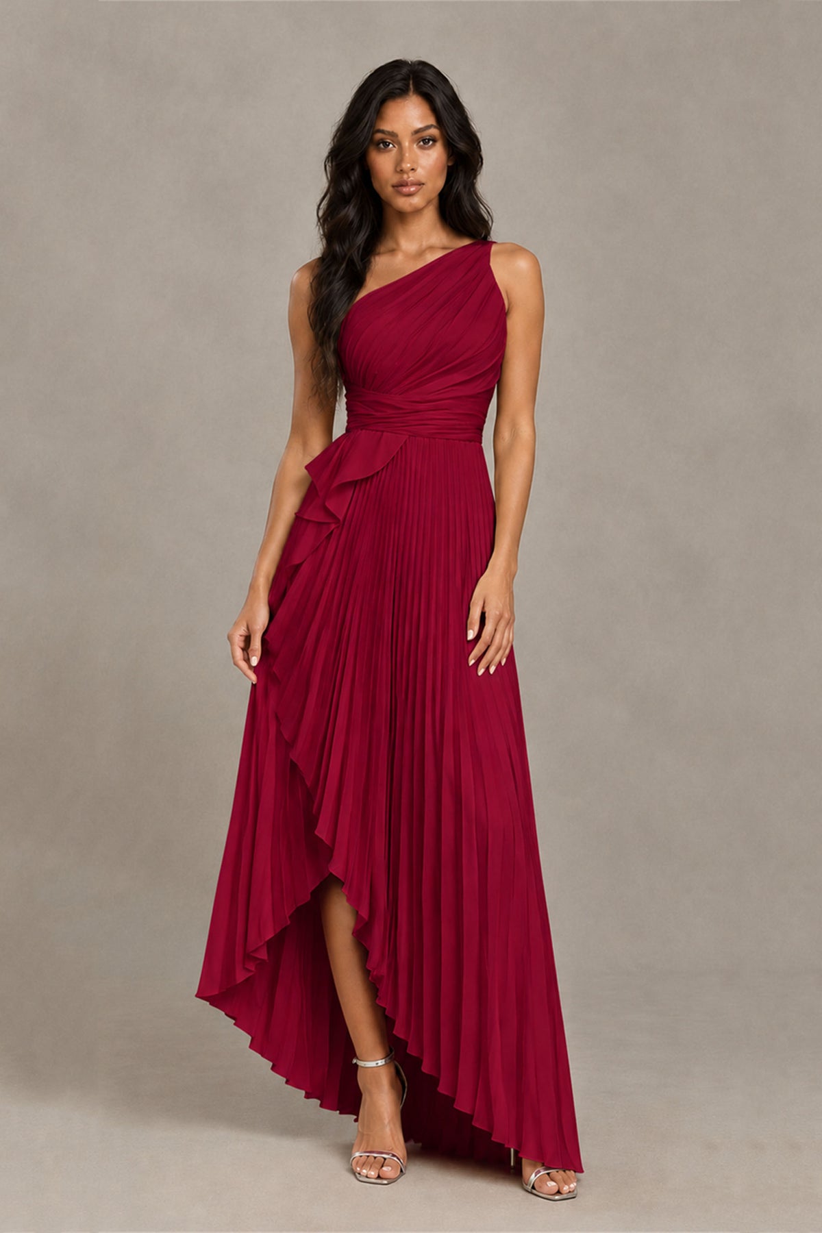 BOLODOO Burgundy One-Shoulder High-Low Ruffle Maxi Dress - Burgundy
