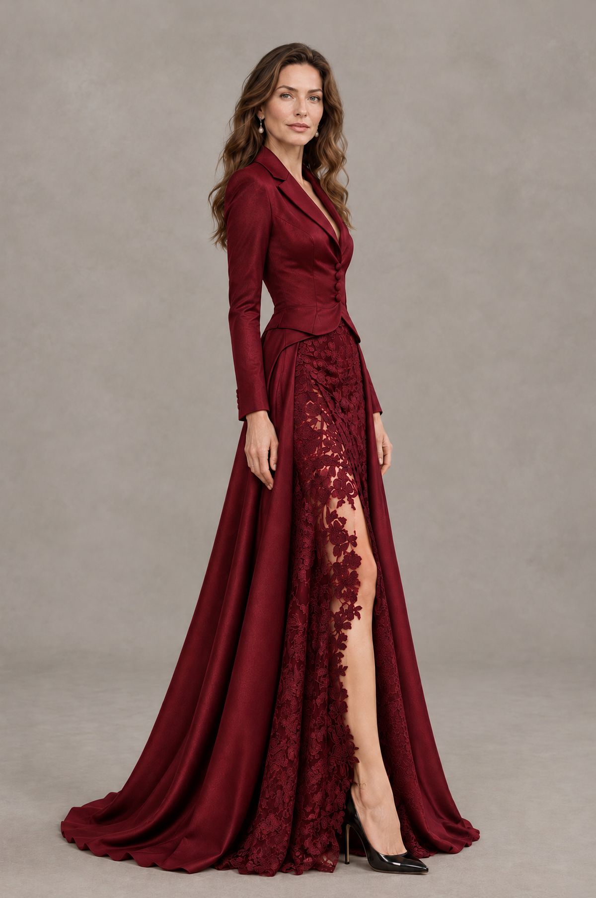 BOLODOO Burgundy Long Sleeve Lace Blazer Gown with High Slit - Burgundy - Burgundy (3)