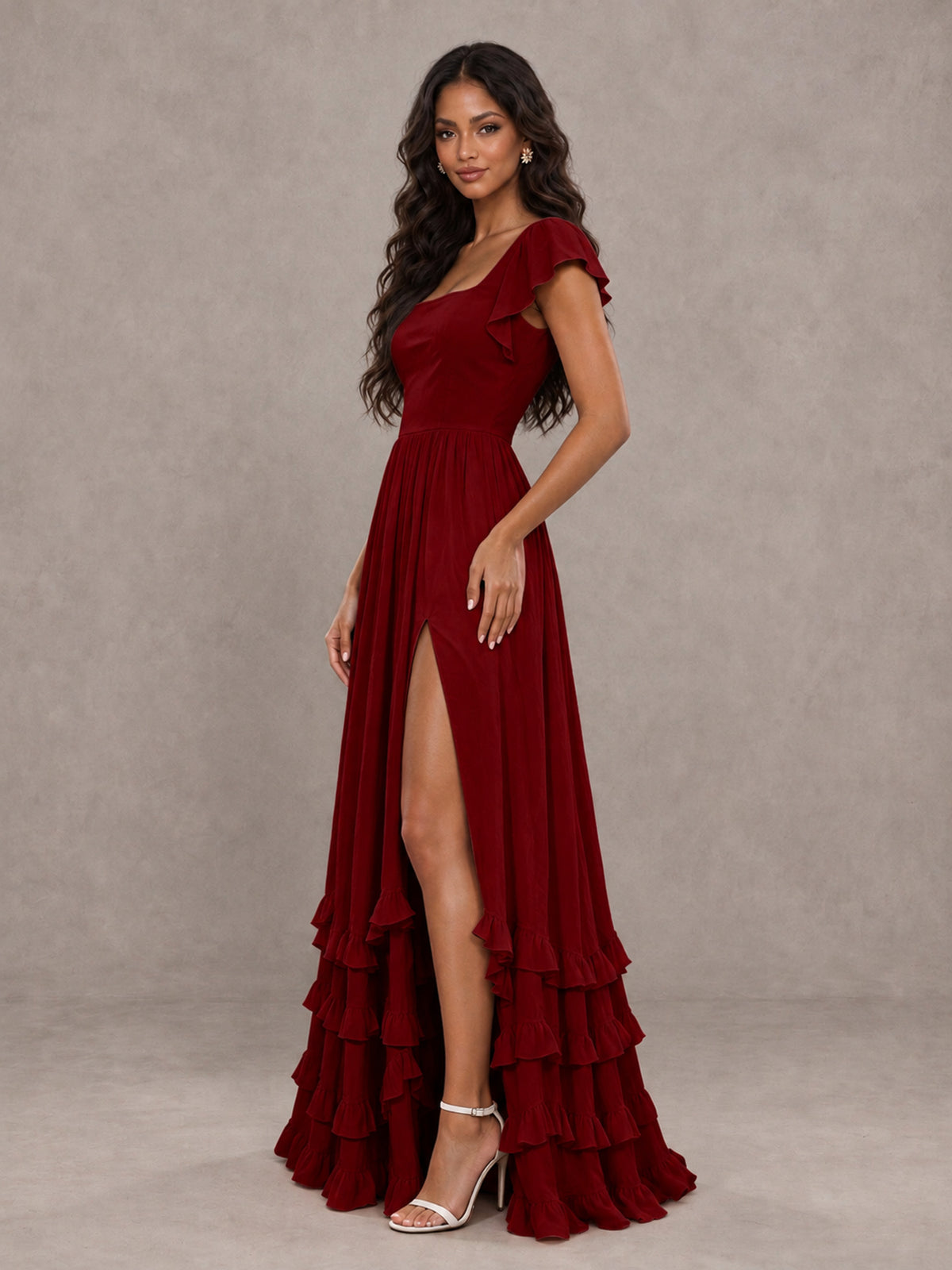 BOLODOO Burgundy Flutter Sleeve Ruffle Bridesmaid Dress with Slit - Burgundy - Burgundy (3)