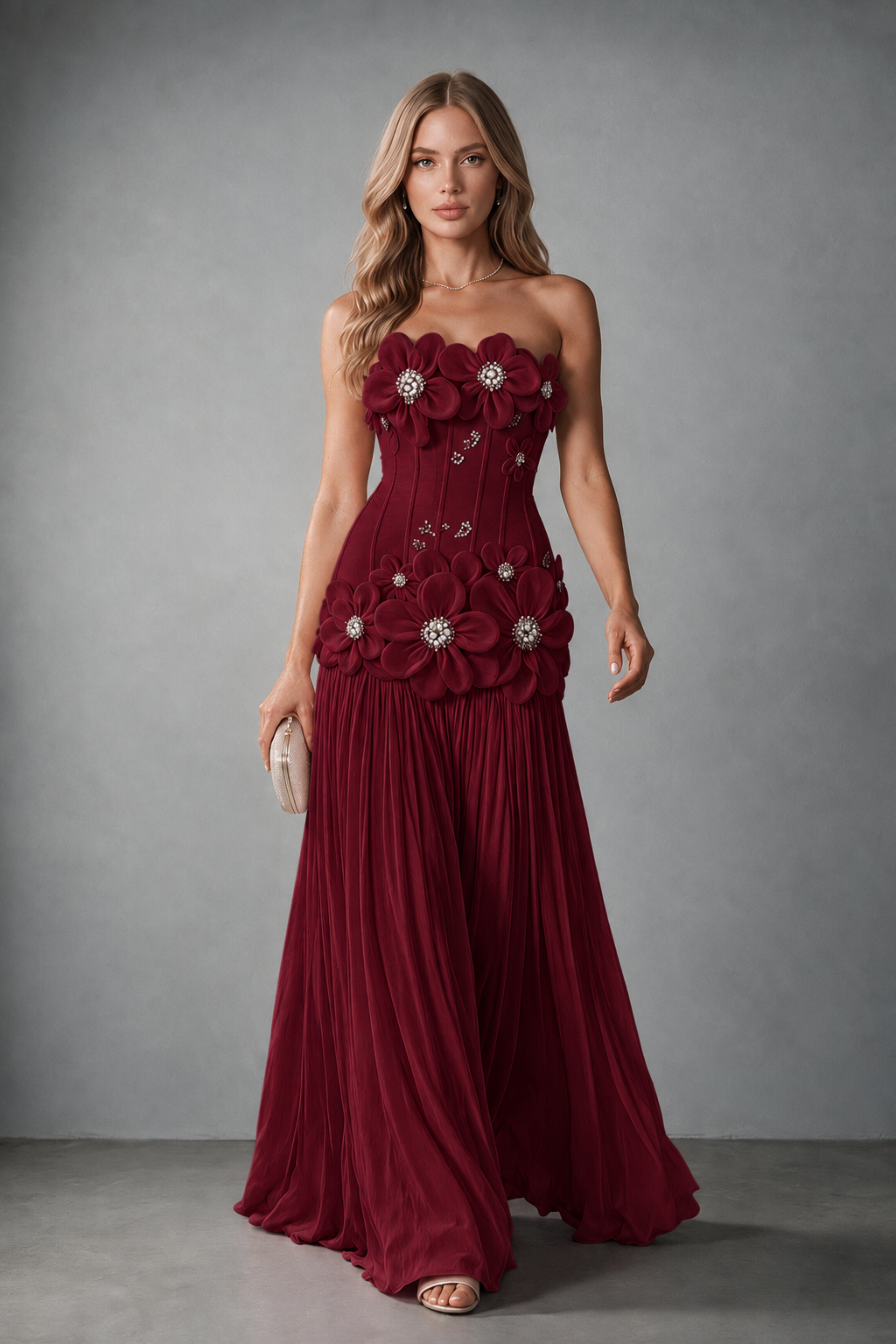 BOLODOO Burgundy Strapless Floral Appliqué Evening Gown - Burgundy