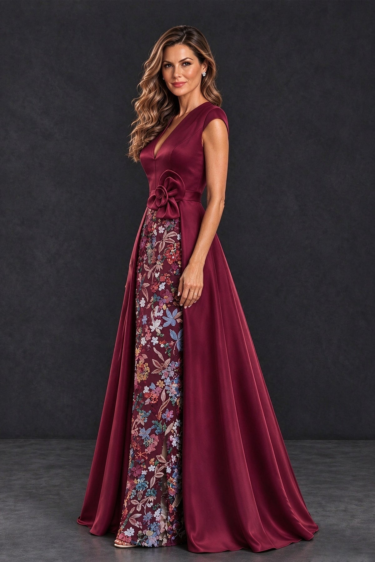 BOLODOO Burgundy Satin and Lace V-Neck Mother of the Bride Dress - Burgundy - Burgundy (3)