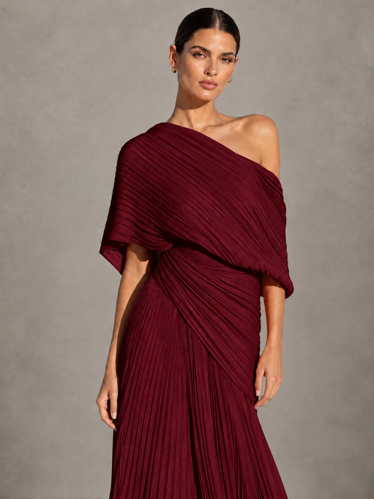 BOLODOO Burgundy One-Shoulder Pleated Cape Evening Gown with Train - Burgundy - Burgundy (3)
