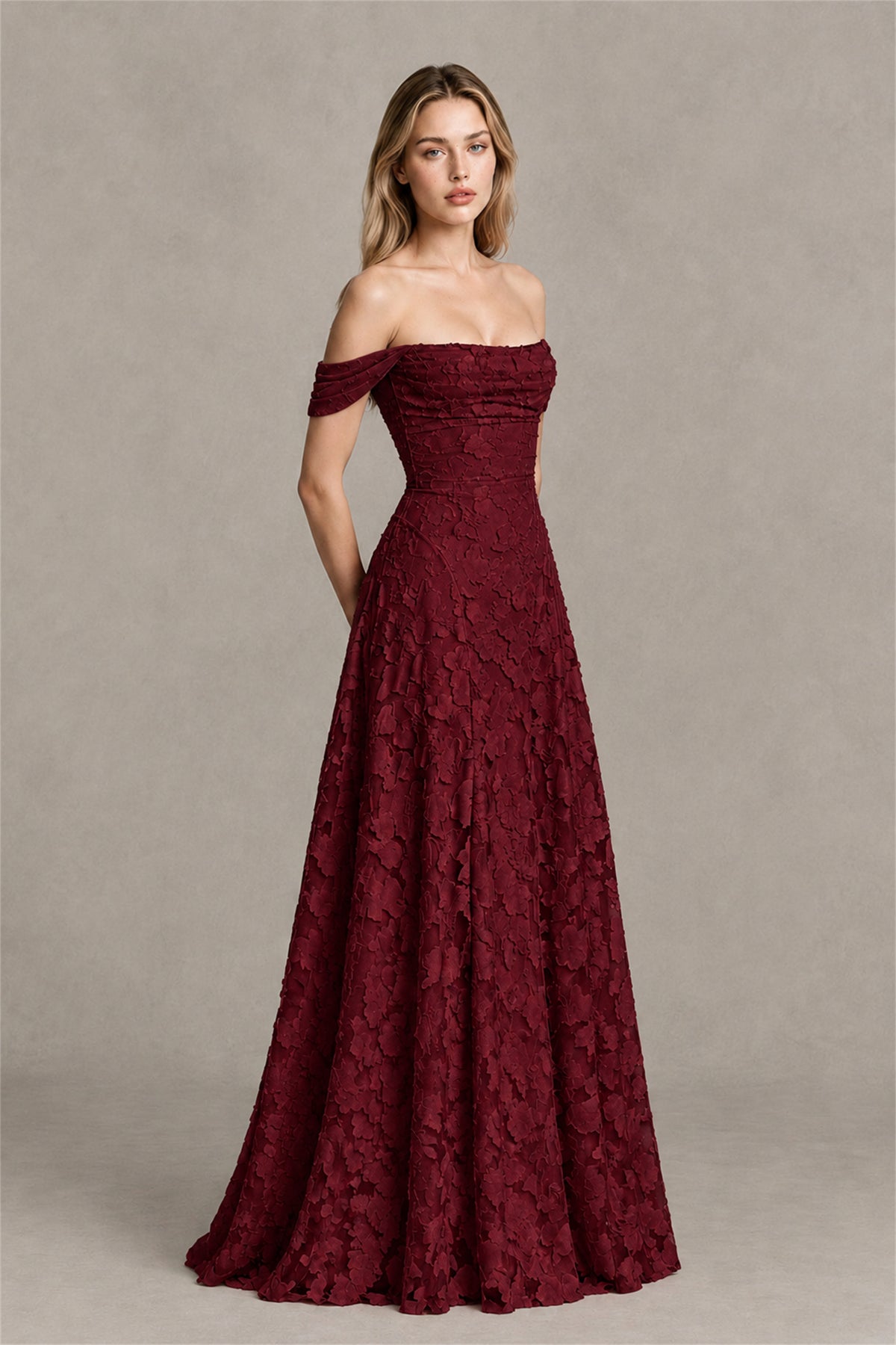 BOLODOO Burgundy Off-Shoulder Pleated A-Line Maxi Dress Floral - Burgundy