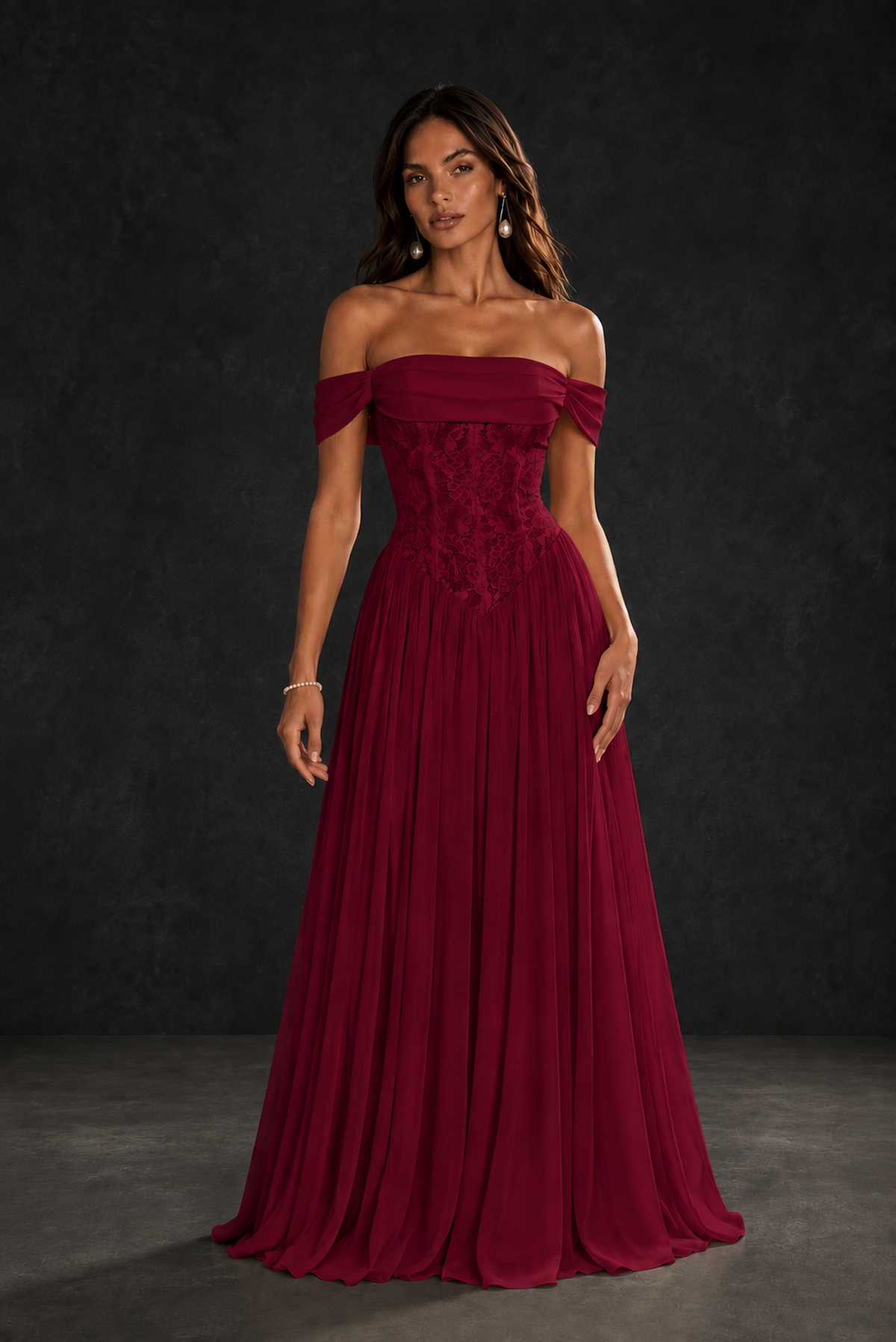 BOLODOO Burgundy Off-Shoulder Lace Corset Tulle Maxi Dress - Burgundy