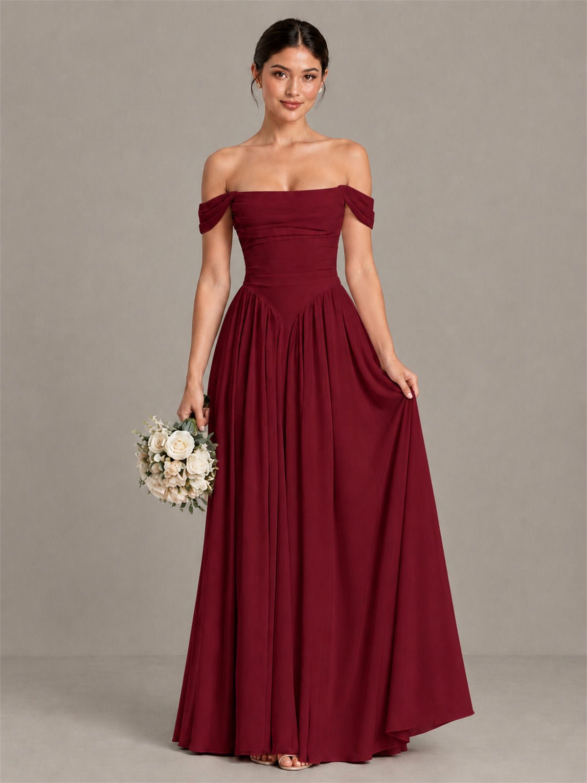 BOLODOO Burgundy Off-Shoulder Chiffon A-Line Bridesmaid Dress - Burgundy