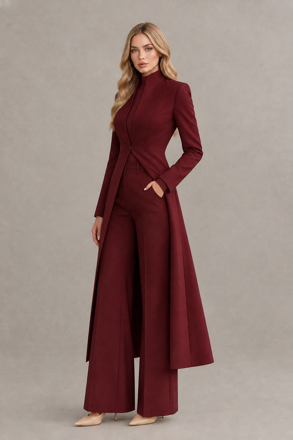 BOLODOO Burgundy Longline Jacket Wide-Leg Formal Pantsuit - Burgundy