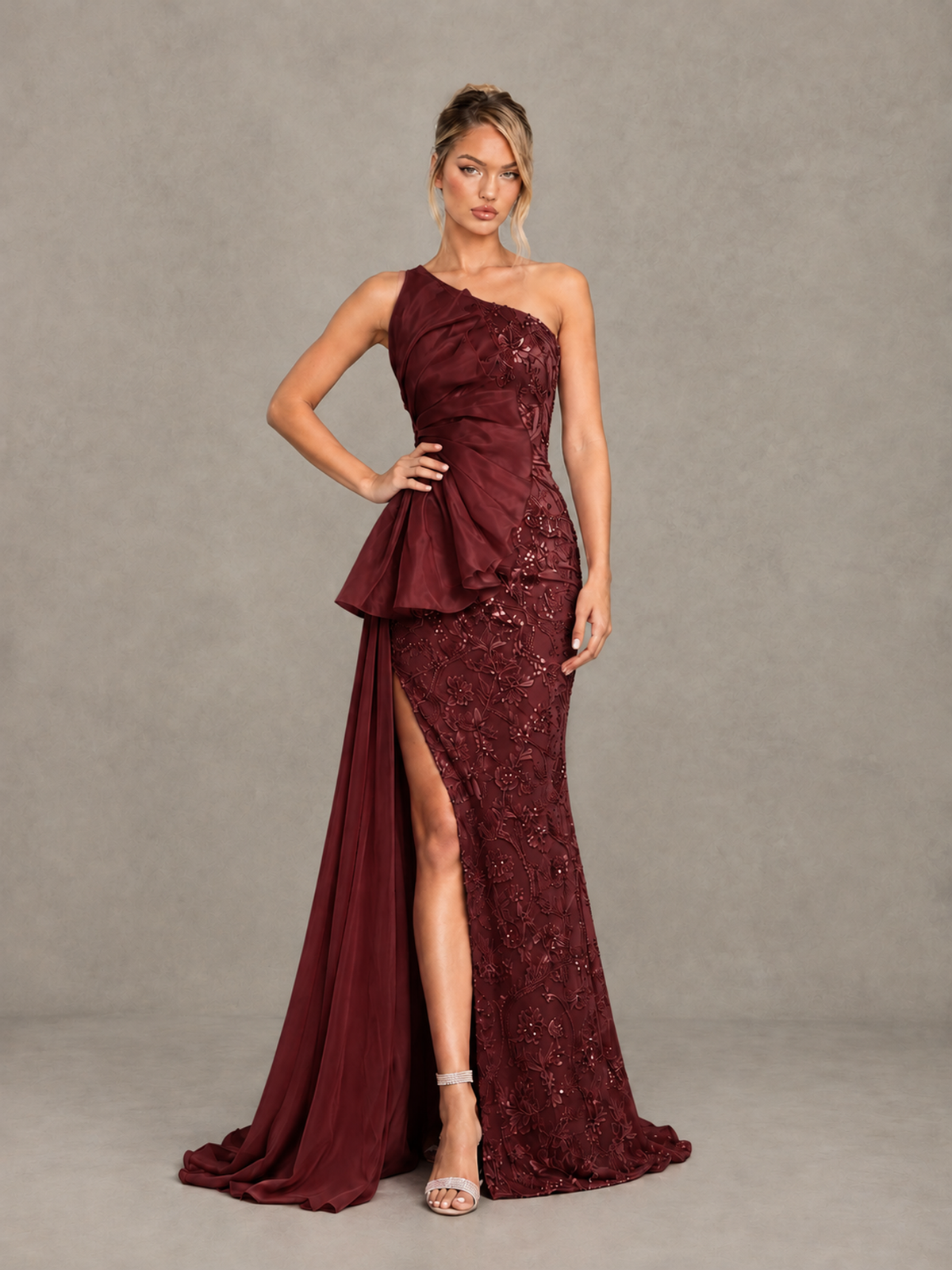 BOLODOO Burgundy One-Shoulder Floral Lace Evening Gown with High Slit - Burgundy - Burgundy (3)