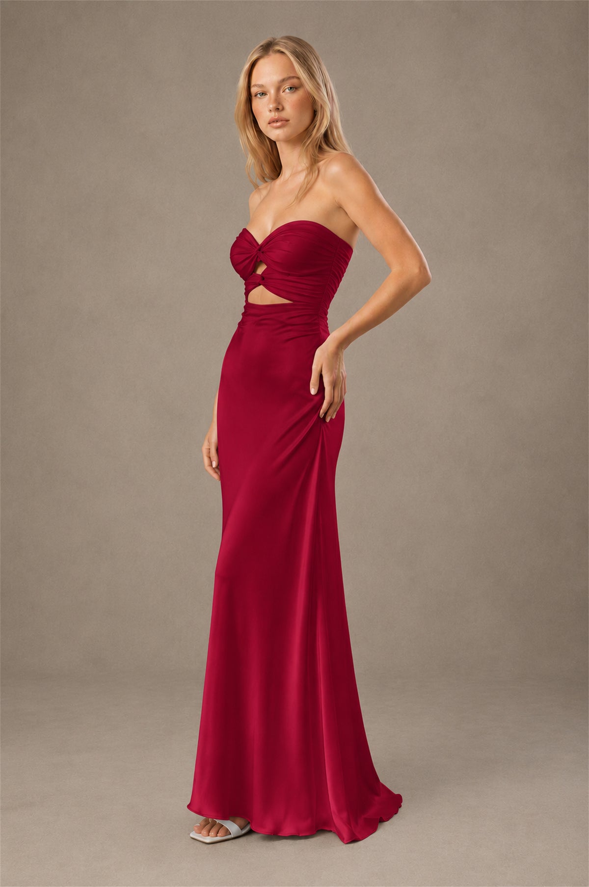 BOLODOO Burgundy Sweetheart Strapless Twist Knot Cutout Lace-Up Back Satin Mermaid Maxi Dress - Burgundy - Burgundy (3)