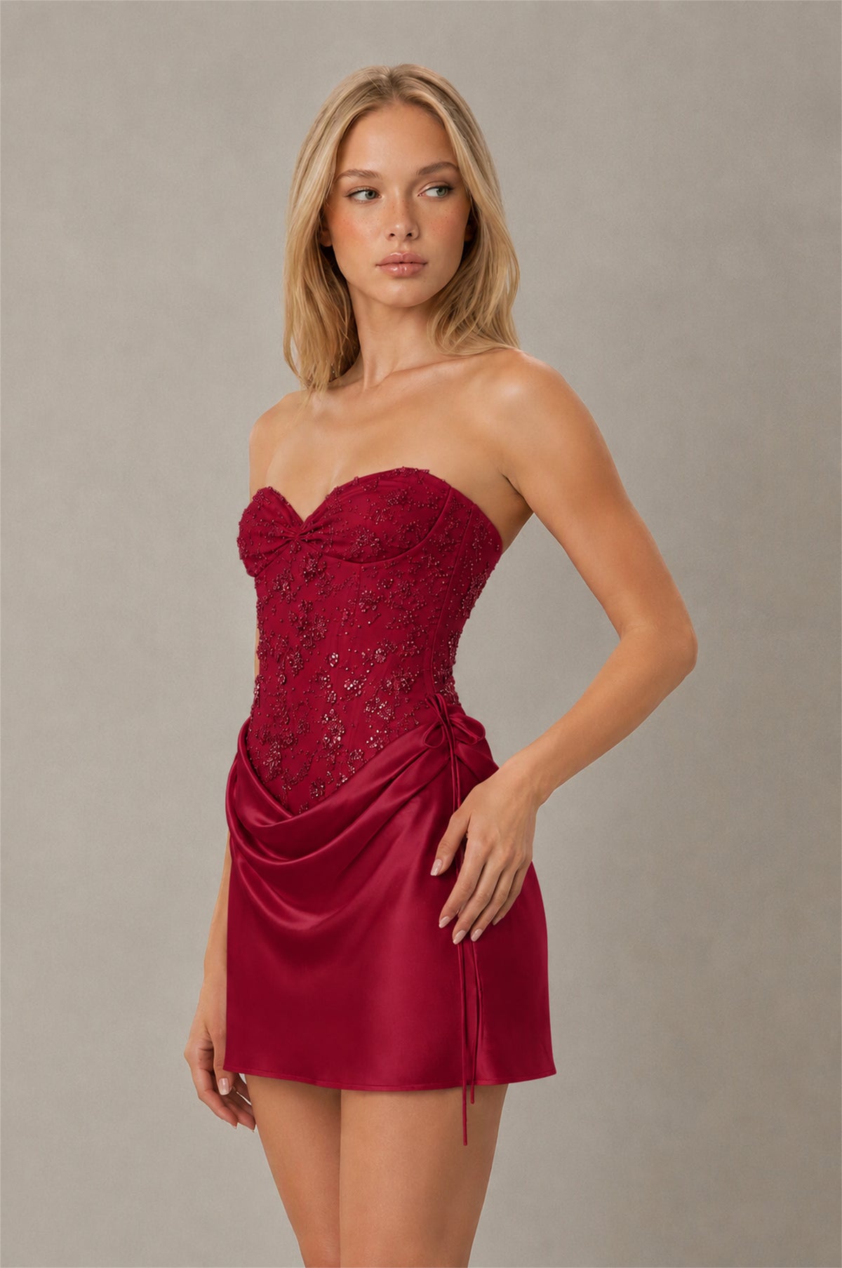 BOLODOO Burgundy Lace Corset Strapless Sweetheart Satin Mini Dress with Open Back - Burgundy