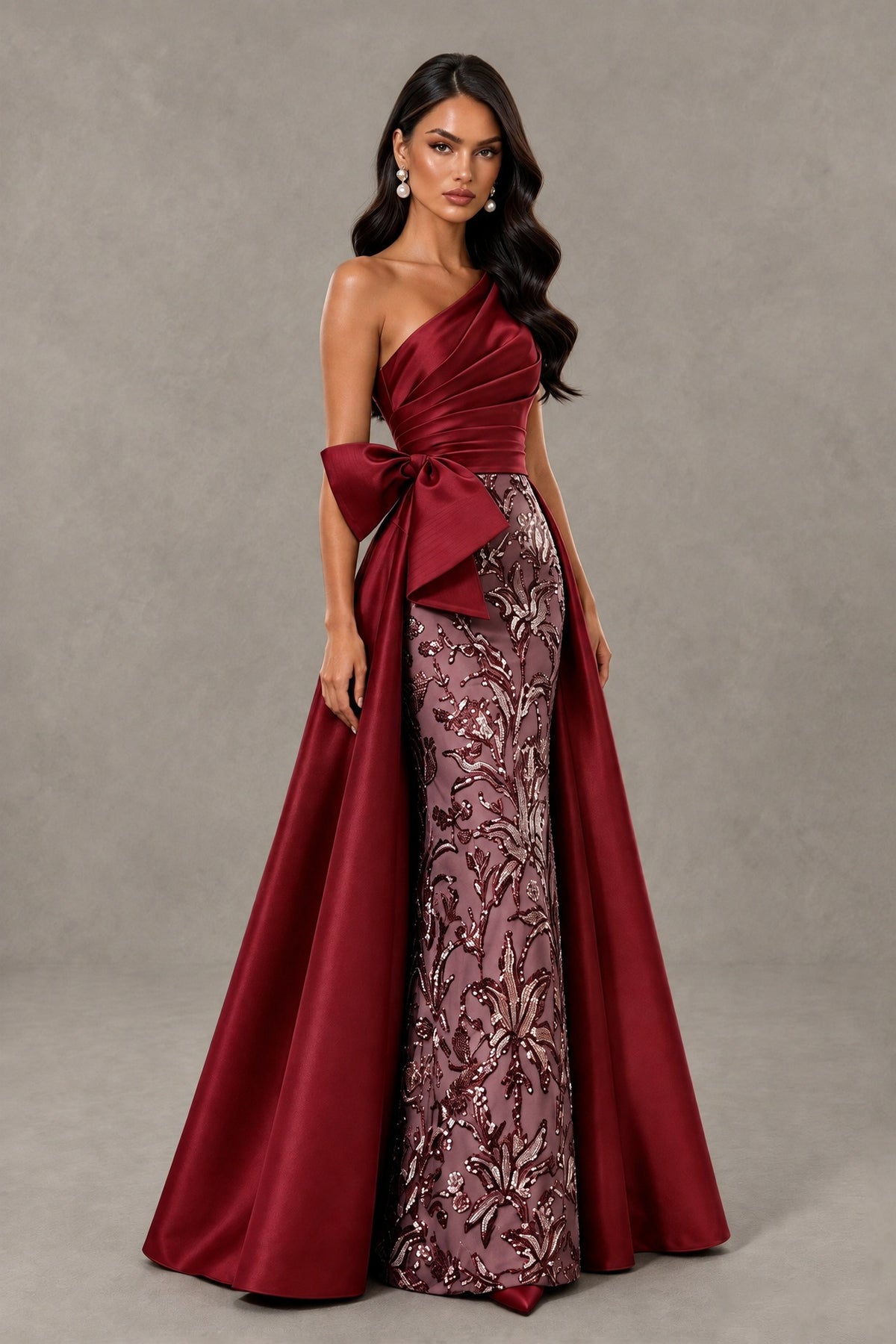 BOLODOO Burgundy One Shoulder Satin Mermaid Formal Evening Gown with Bow - Burgundy - Burgundy (3)