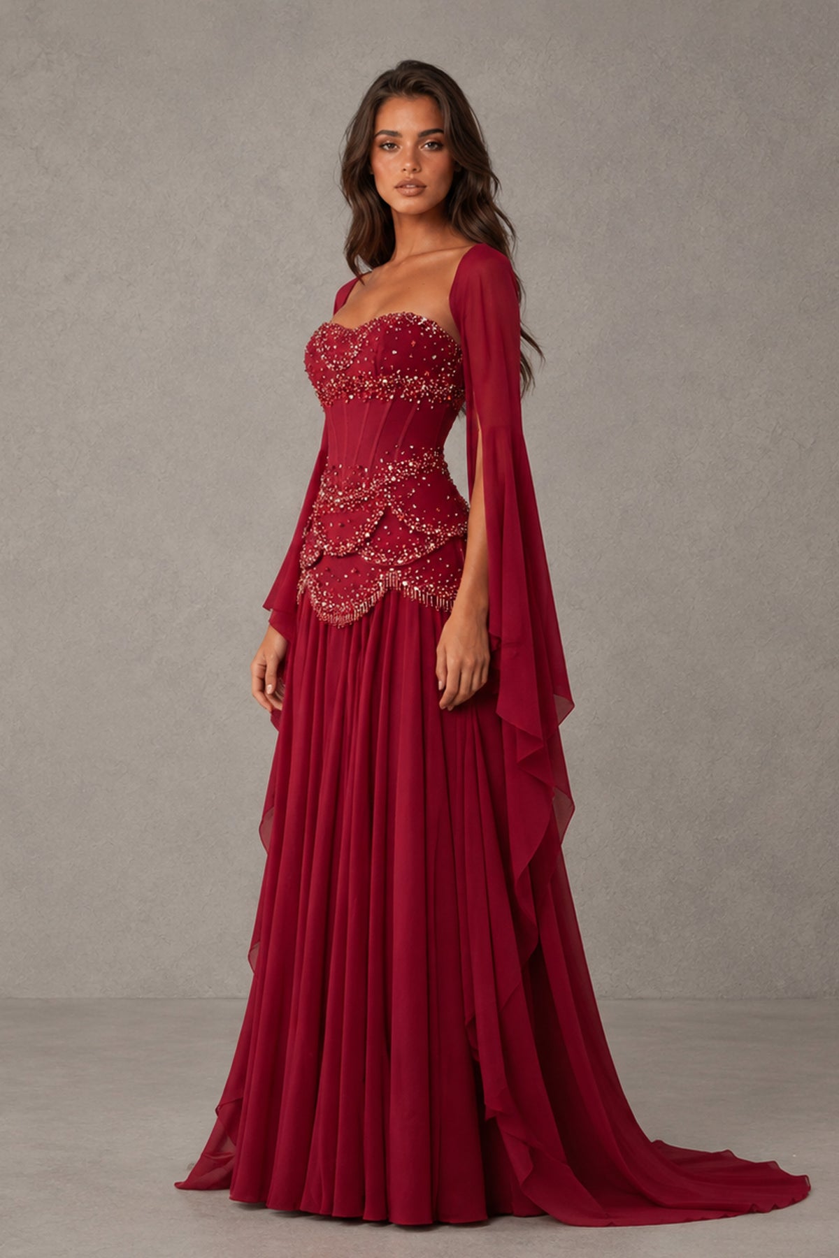BOLODOO Burgundy Embellished Corset Gown with Long Bell Sleeves - Burgundy