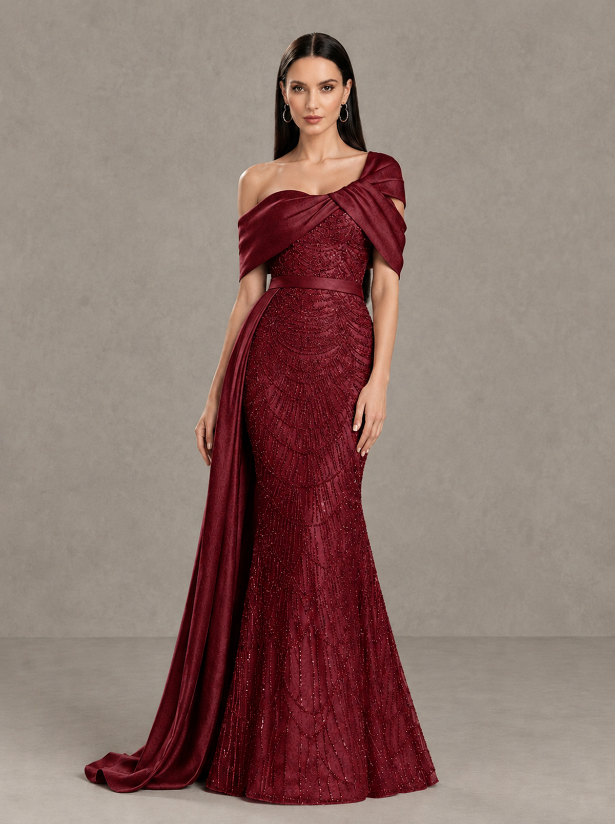 BOLODOO Burgundy Asymmetric Draped Mermaid Evening Gown with Train - Burgundy - Burgundy (3)