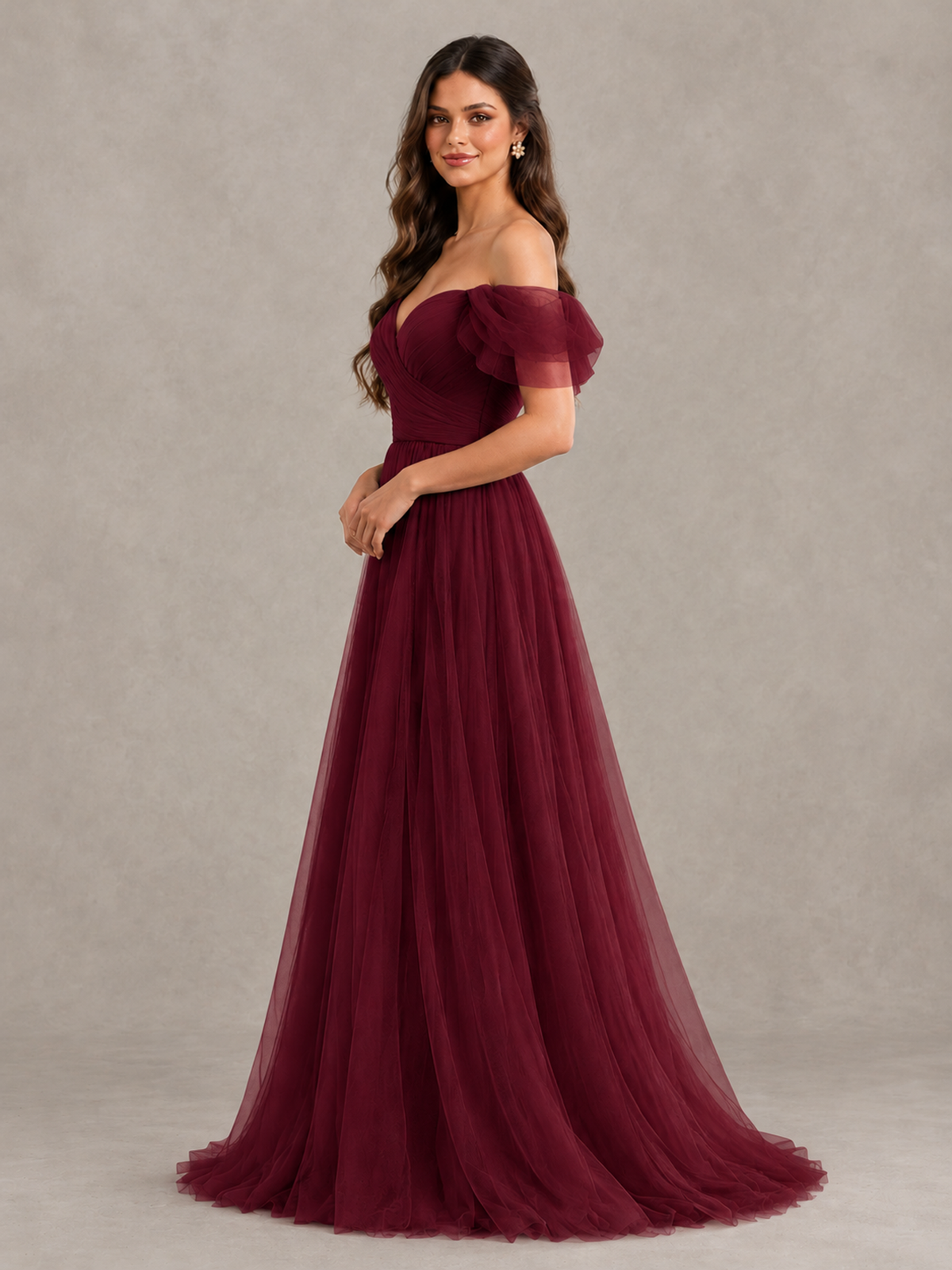 BOLODOO Burgundy Off-the-Shoulder Ruffle Sleeve A-Line Bridesmaid Dress - Burgundy - Burgundy (3)