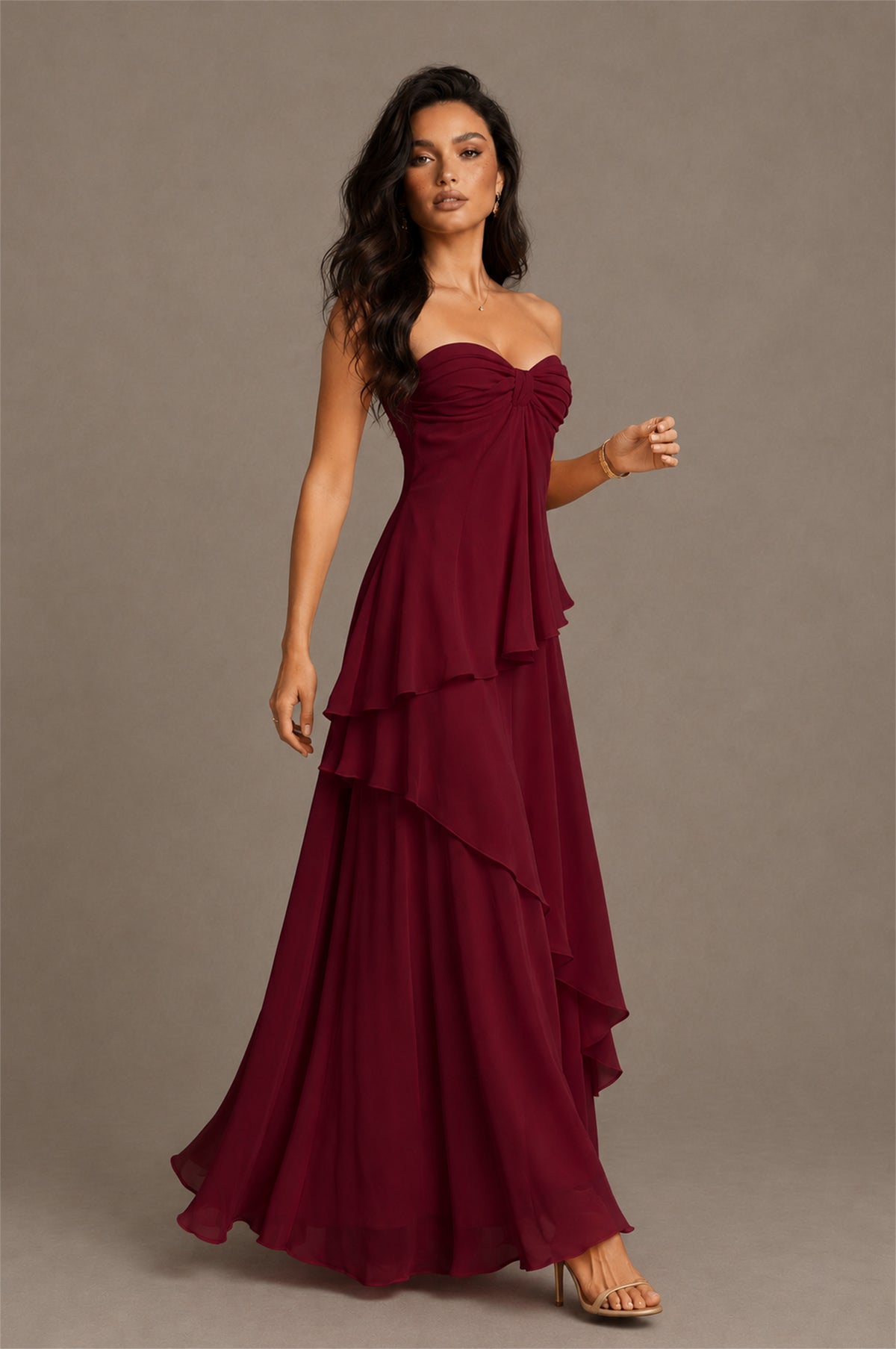 BOLODOO Burgundy Strapless Sweetheart Knotted Chiffon Tiered Maxi Dress with Lace-Up Back - Burgundy